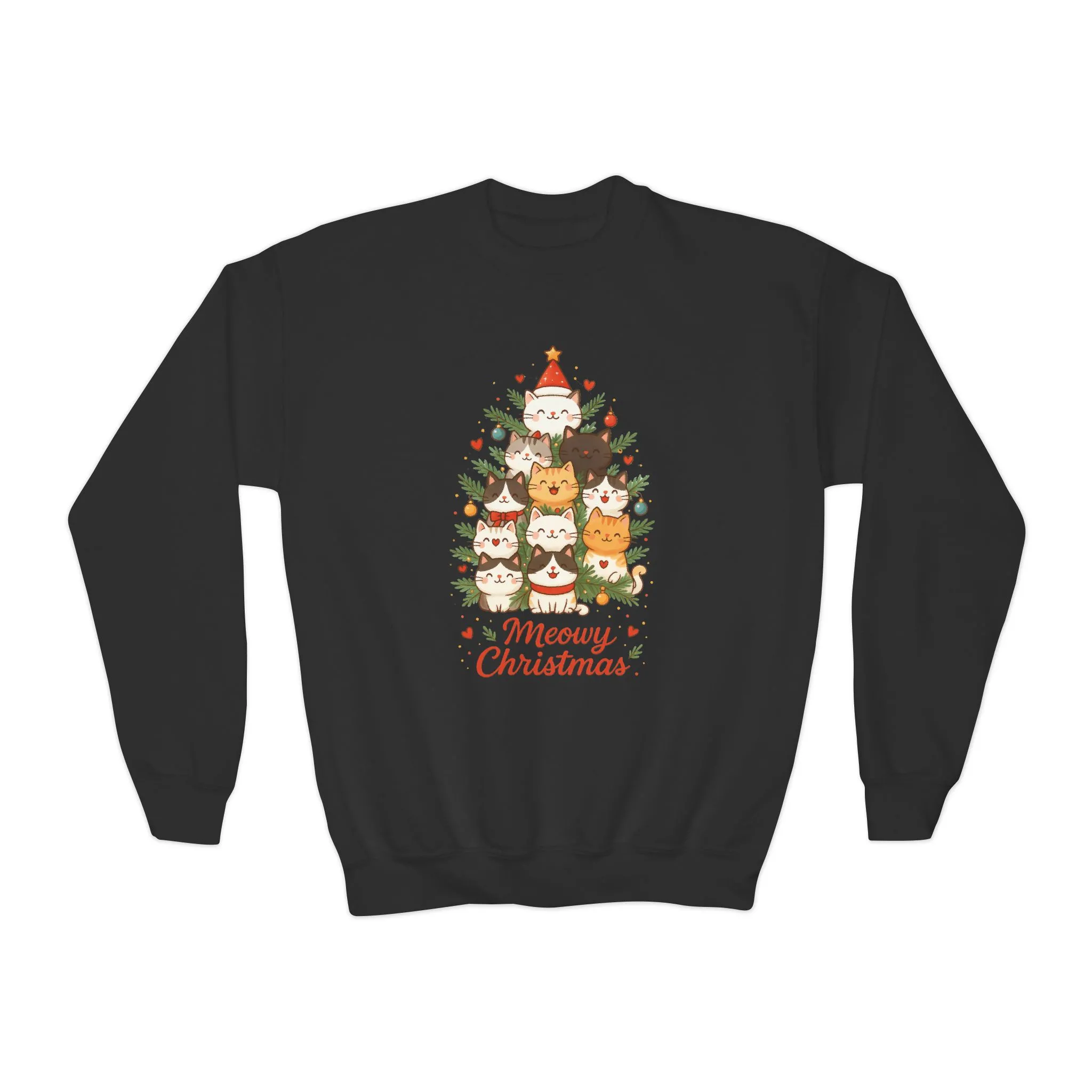 Youth Meowy Christmas Cat Sweatshirt, Cute Holiday Kitty Jumper - Image 5