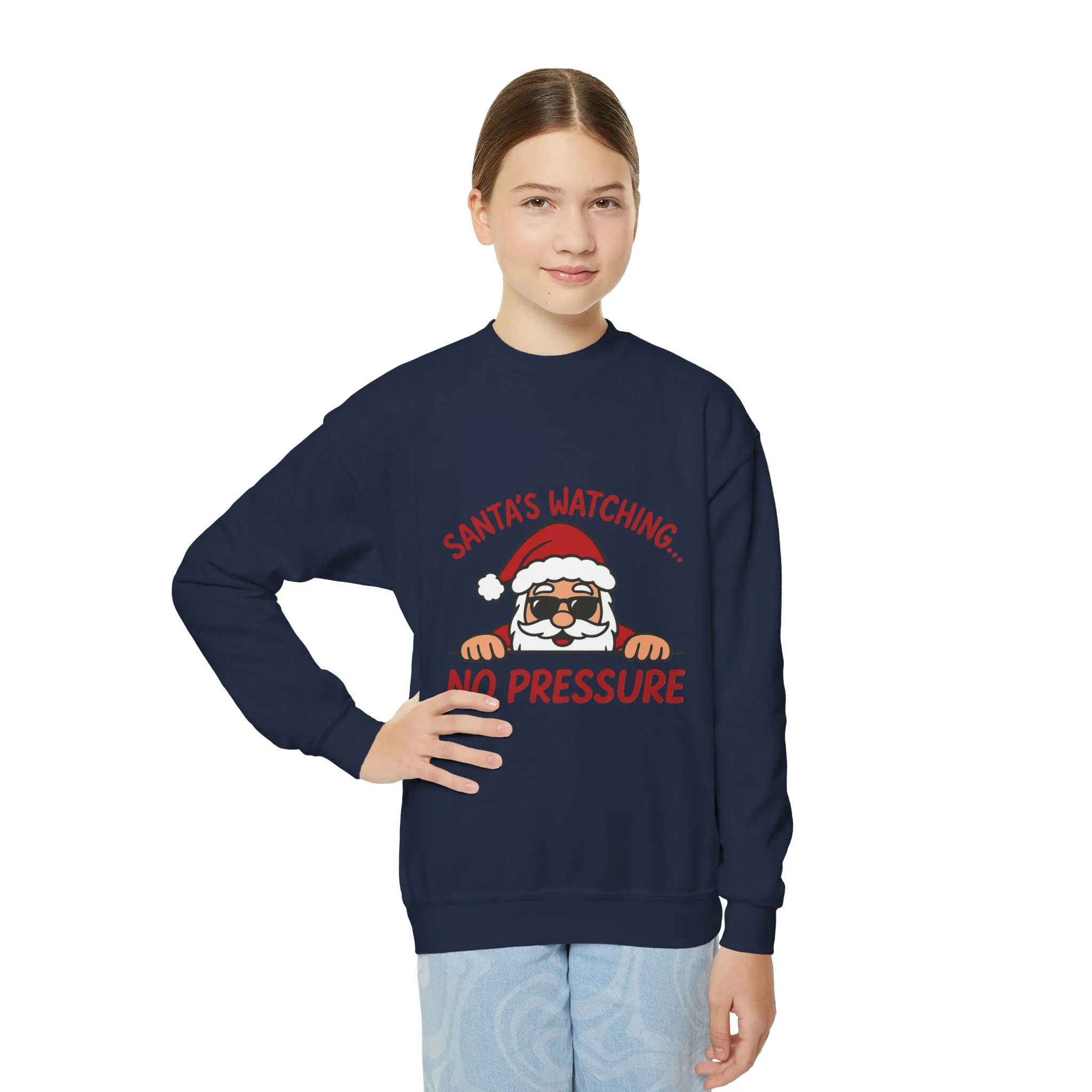Santa's Watching No Pressure Kids Christmas Sweatshirt, Funny Holiday Jumper for Youth - Image 18