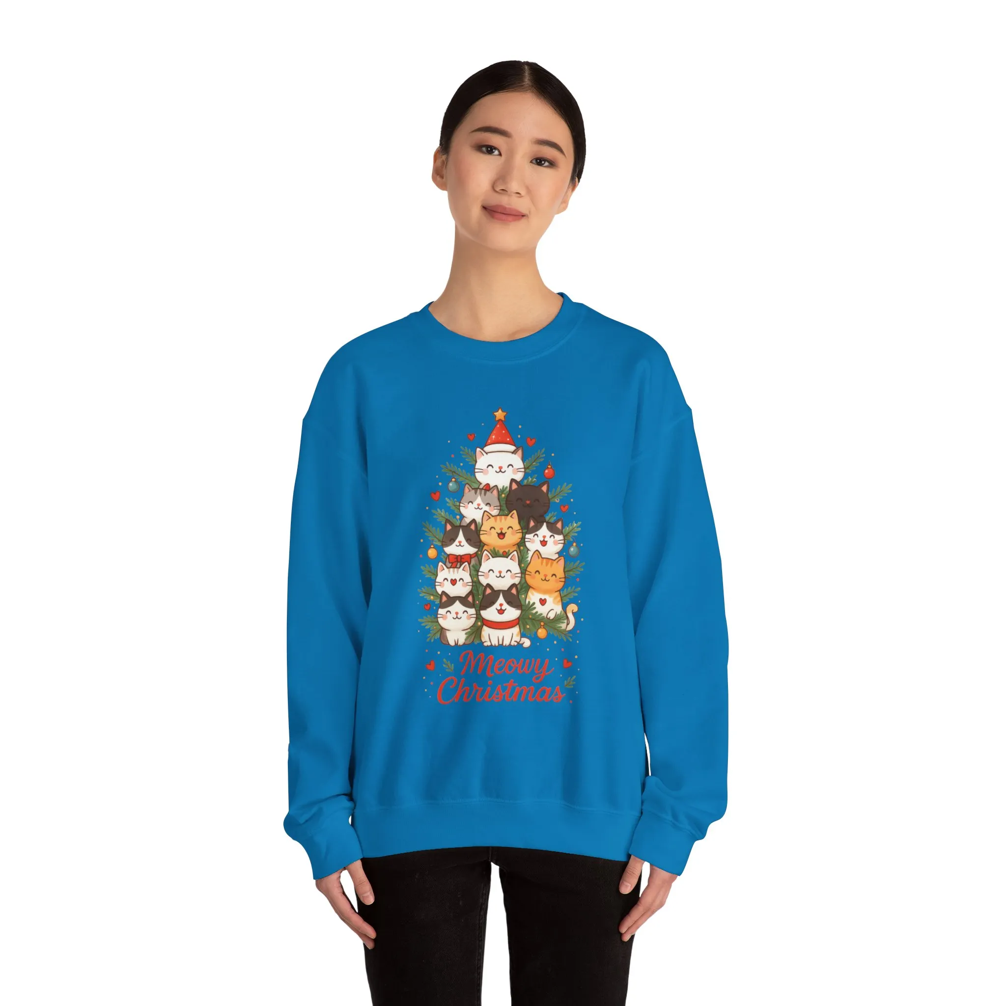 Women's Meowy Christmas Cat Sweatshirt, Cute Holiday Kitty Pullover - Image 11