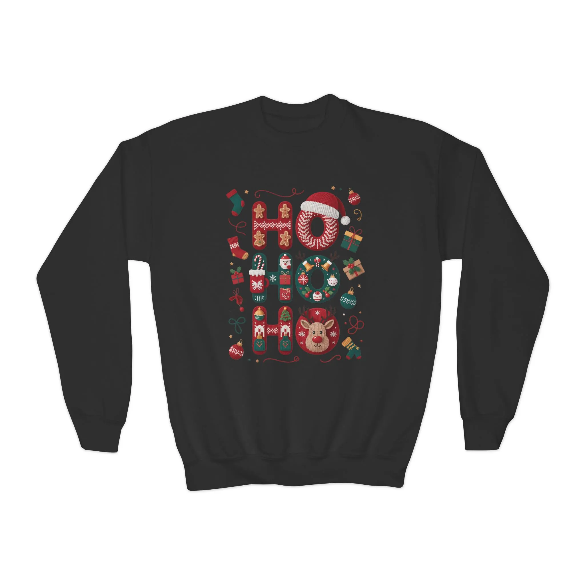 Ho Ho Ho Kids Christmas Sweatshirt, Cute Girls Holiday Outfit, Reindeer, Gingerbread - Santa Hat Design, Cozy Winter Youth Crewneck - Image 5
