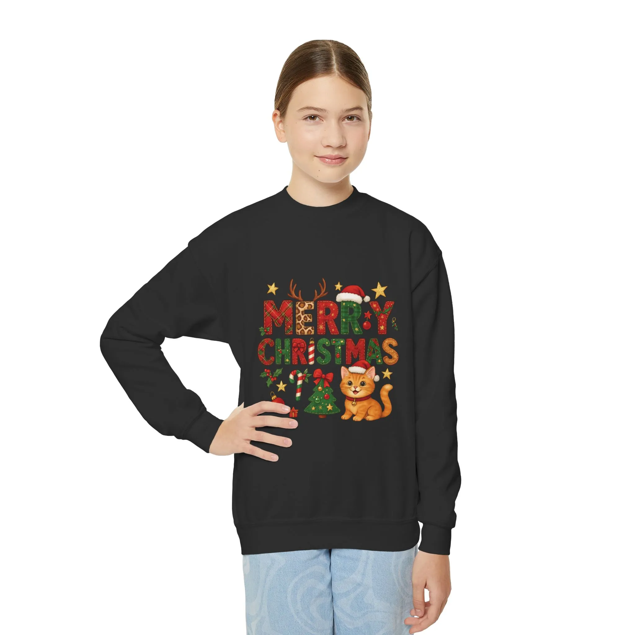 Merry Christmas Cat Sweatshirt for Girls, Cozy Holiday Kitten Jumper, Youth Crewneck Sweatshirt - Image 5