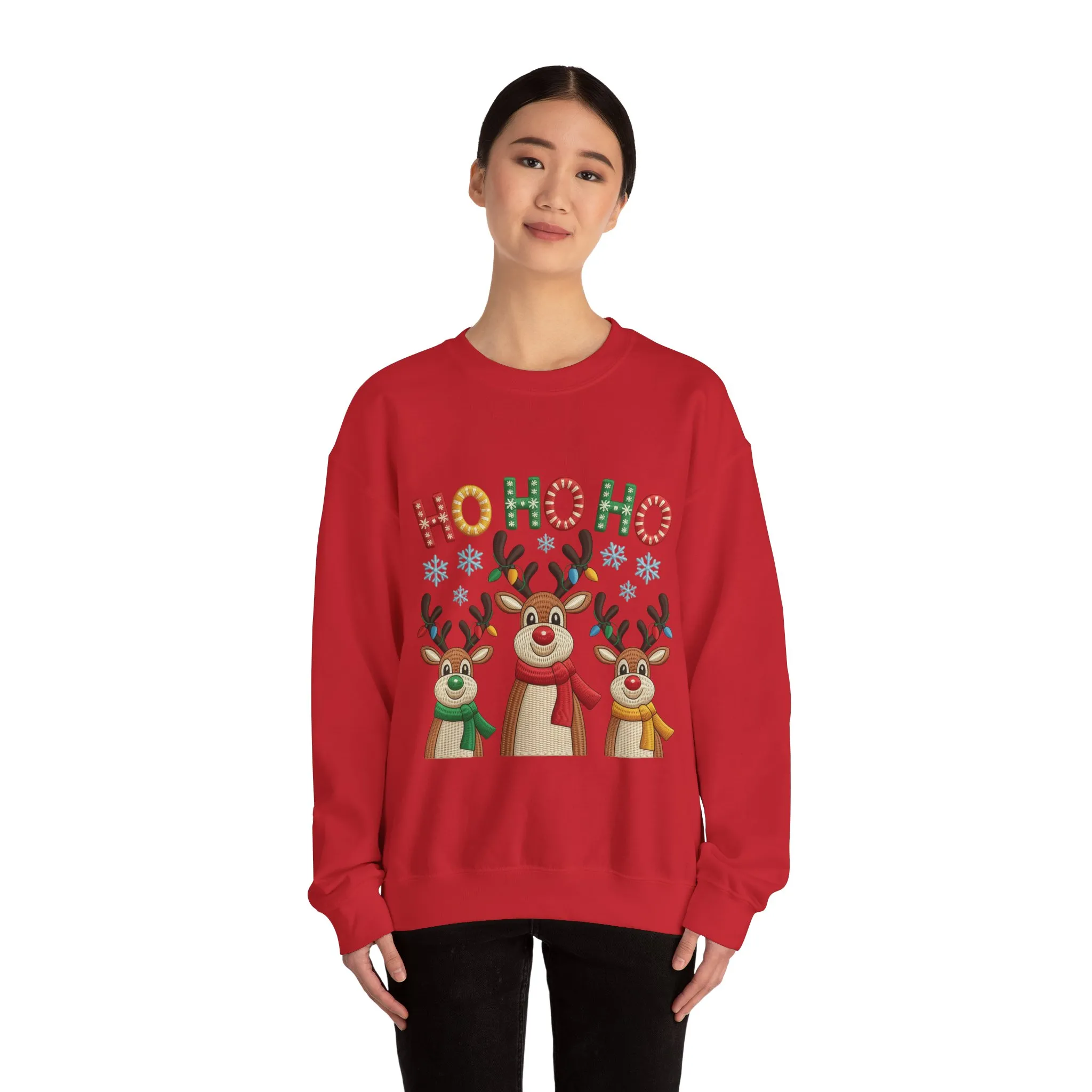 Ho Ho Ho Reindeer Christmas Sweatshirt, Cute Holiday Pullover for Women - Image 26