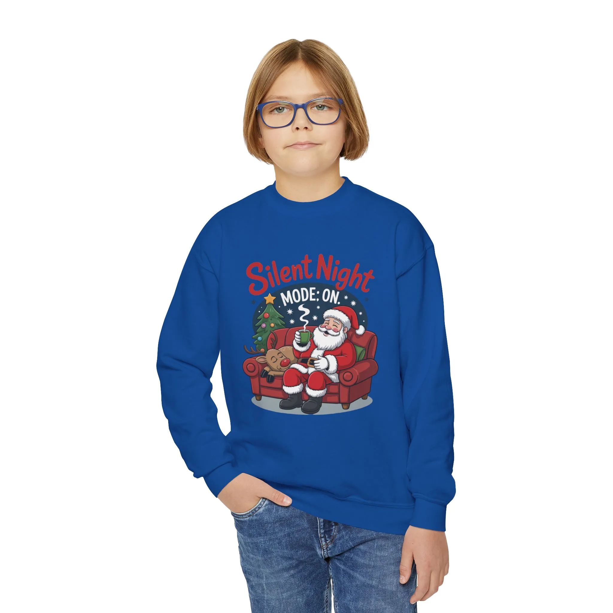 Kids Silent Night Mode On Christmas Sweatshirt, Cute Santa - Reindeer Holiday Jumper, Funny Cozy Christmas Sweater for Youth - Image 20