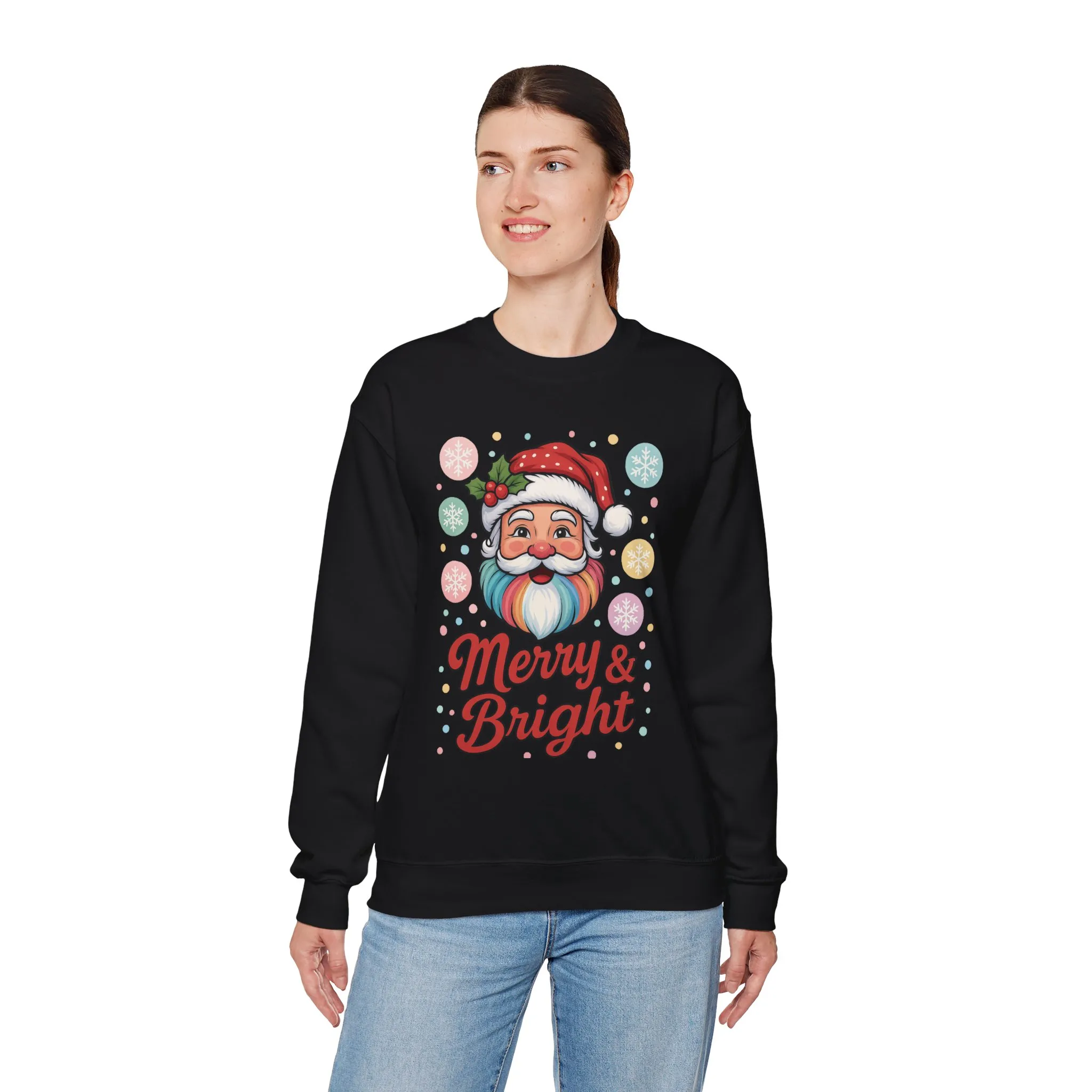 Merry - Bright Santa Christmas Sweatshirt, Retro Pastel Holiday Jumper, Cute Santa Sweater for Women - Image 6