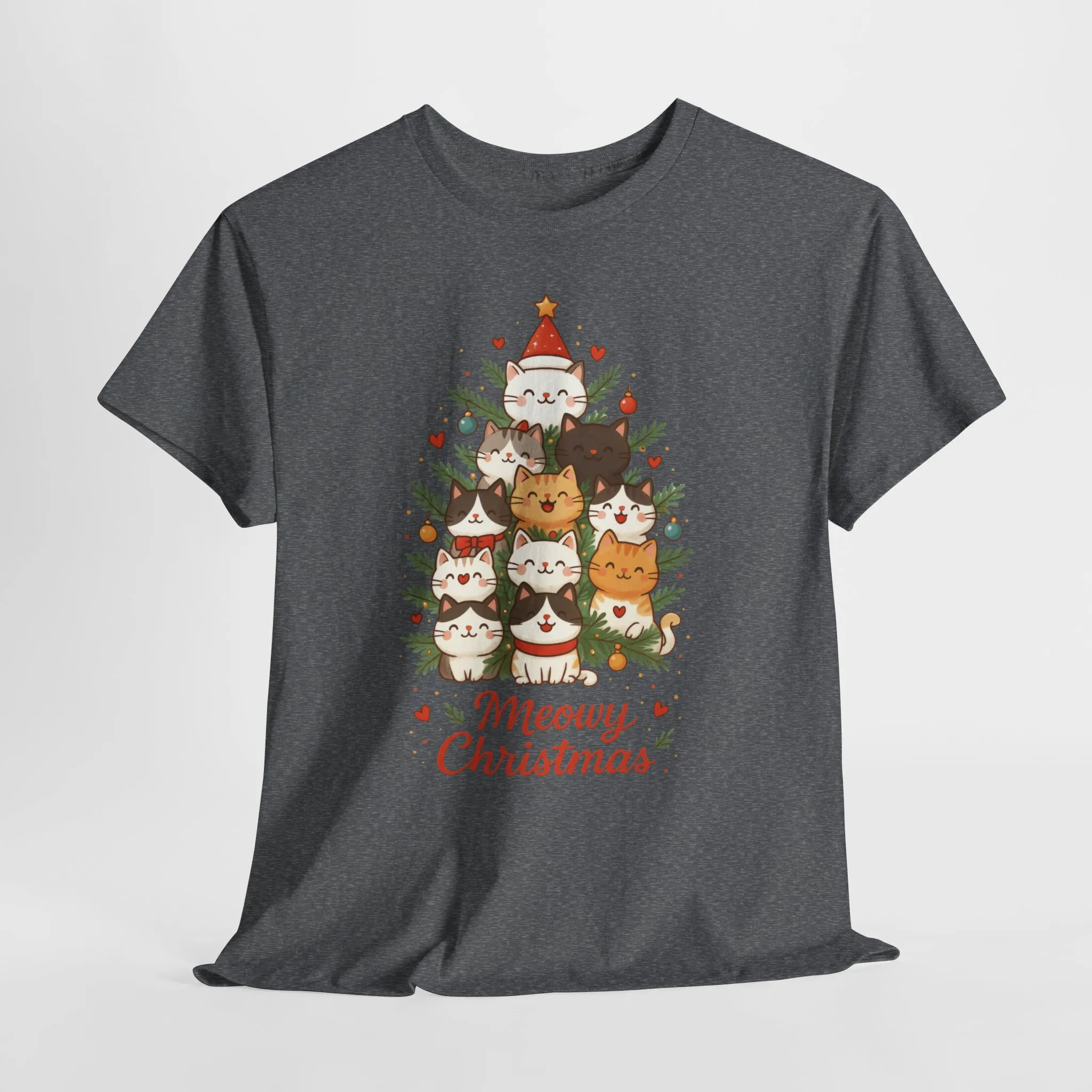 Women's Meowy Christmas Cat T-Shirt, Cute Holiday Kitty Tree Tee - Image 10