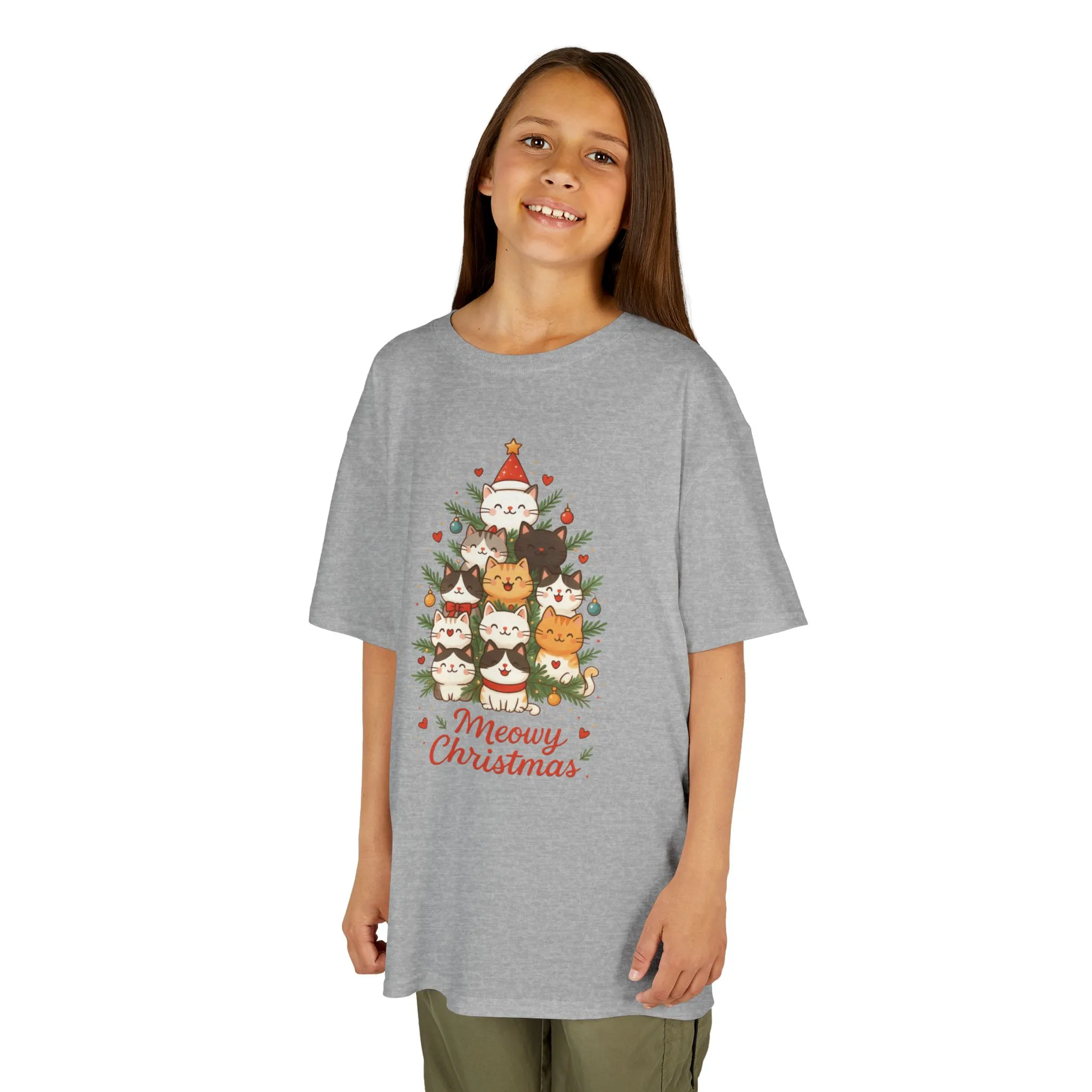 Youth Meowy Christmas Cat T-Shirt, Cute Kids Holiday Kitty Tee - Image 8