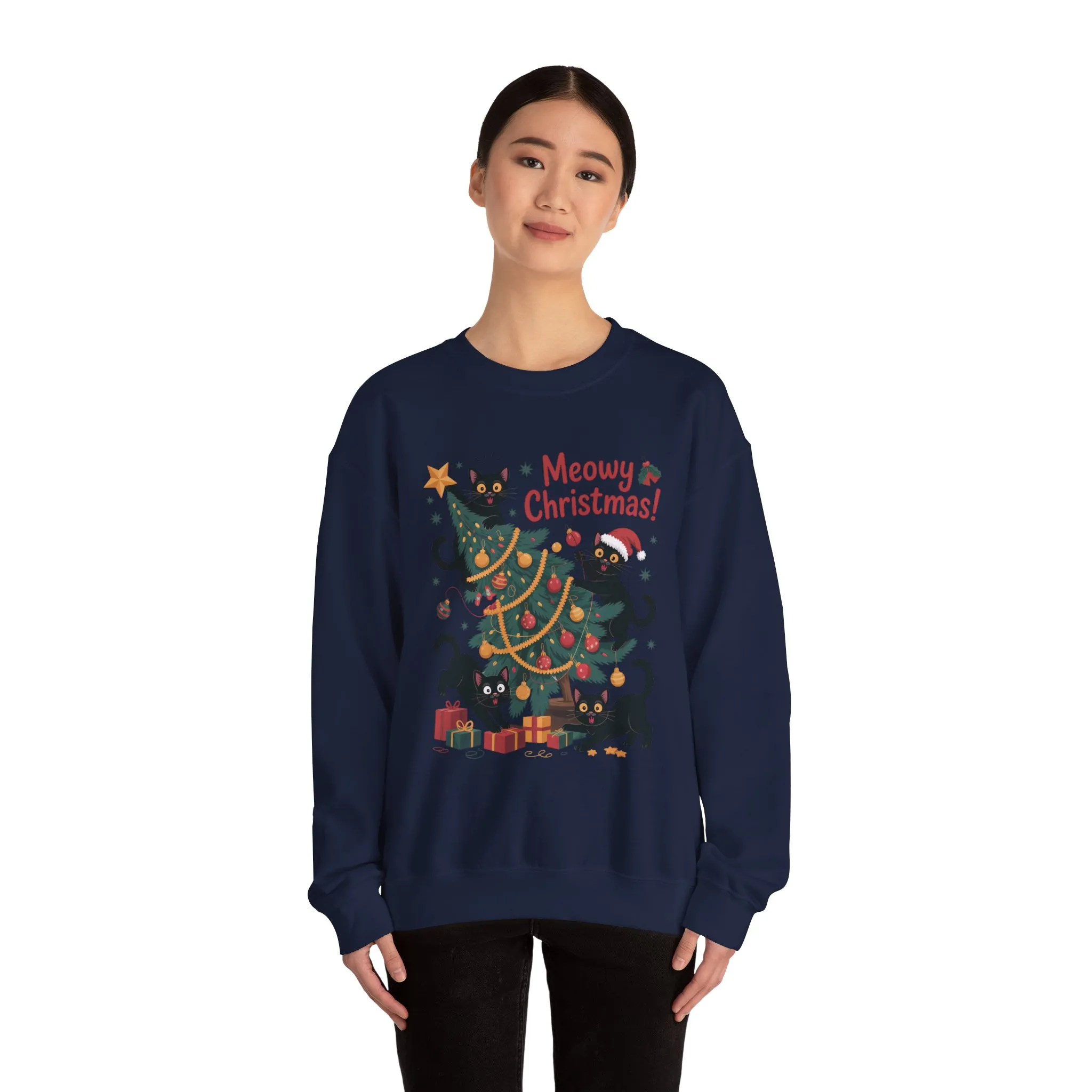 Black Cats Christmas Tree Sweatshirt, Funny Cat Lover Holiday Sweater, Cute Christmas Cat Chaos Jumper - Image 17