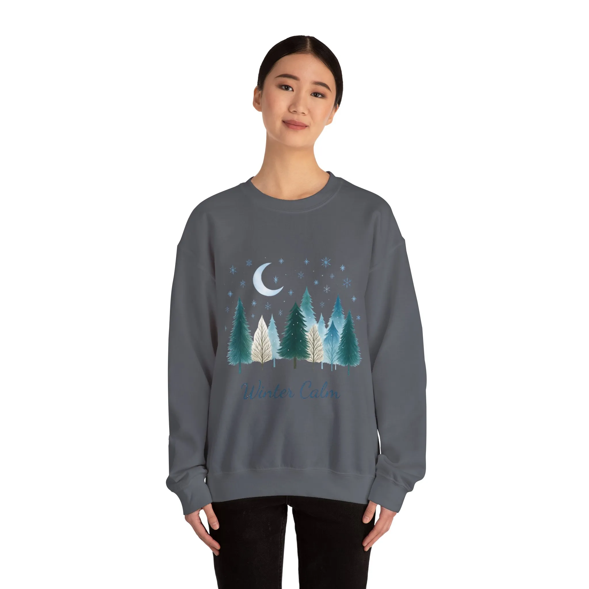 Winter Calm Sweatshirt, Minimalist Christmas Forest Pullover, Serene Winter Moon Scene Sweater for Women - Image 17