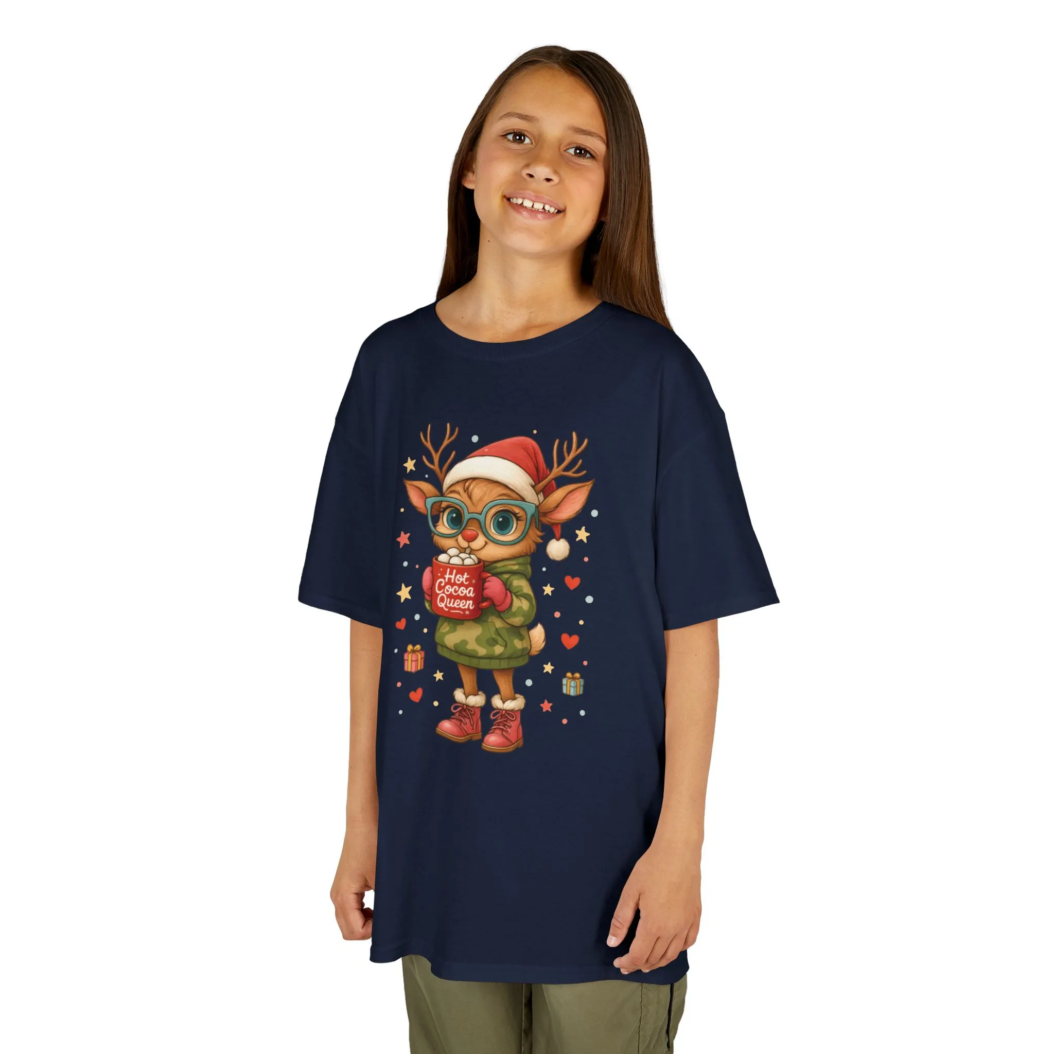 Hot Cocoa Queen Christmas T-Shirt for Girls, Cute Holiday Reindeer Tee - Image 14