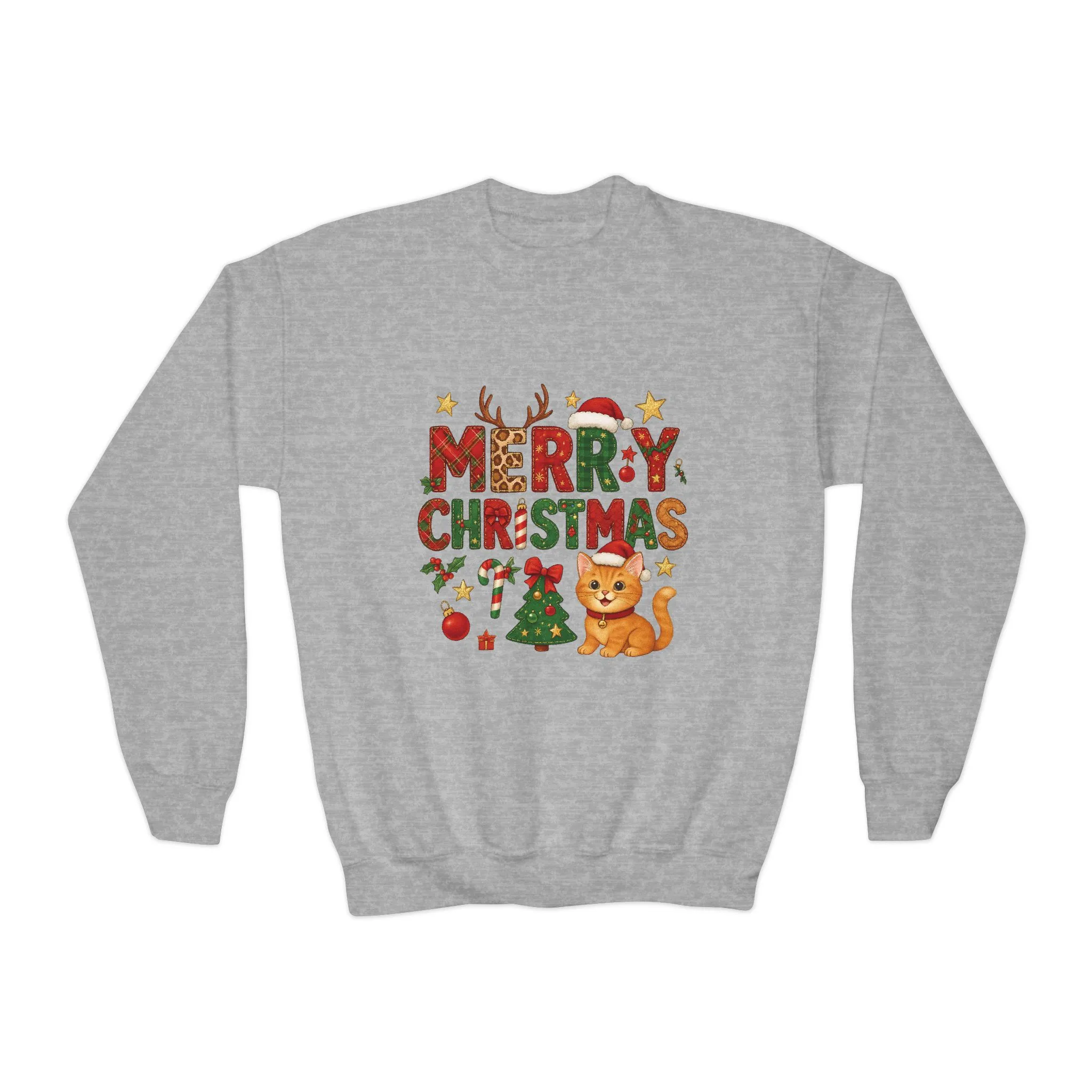 Merry Christmas Cat Sweatshirt for Girls, Cozy Holiday Kitten Jumper, Youth Crewneck Sweatshirt - Image 7