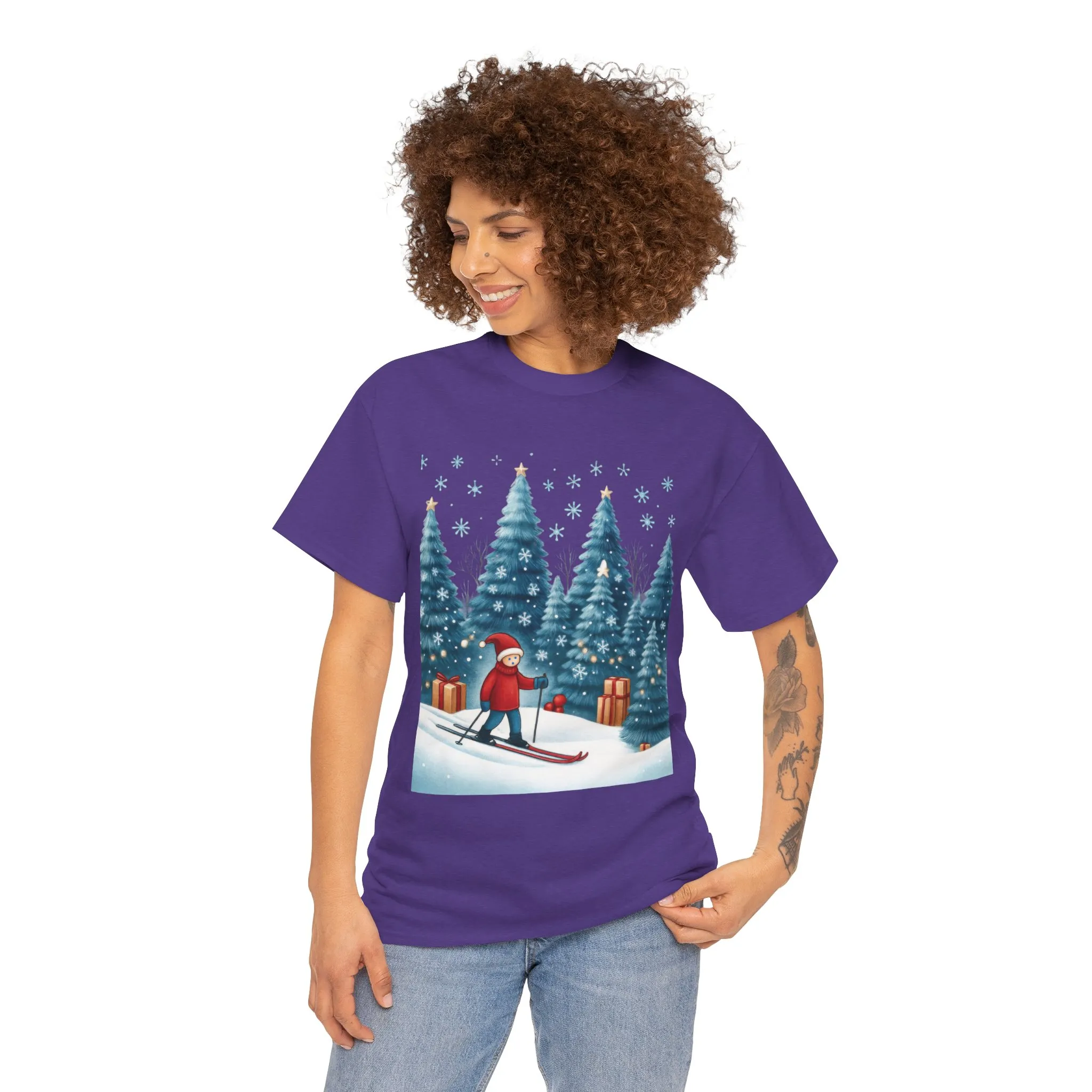 Womens Cute Winter Holiday Graphic Tee, Christmas Skiing T-Shirt, Women's Heavy Cotton Tee - Image 20