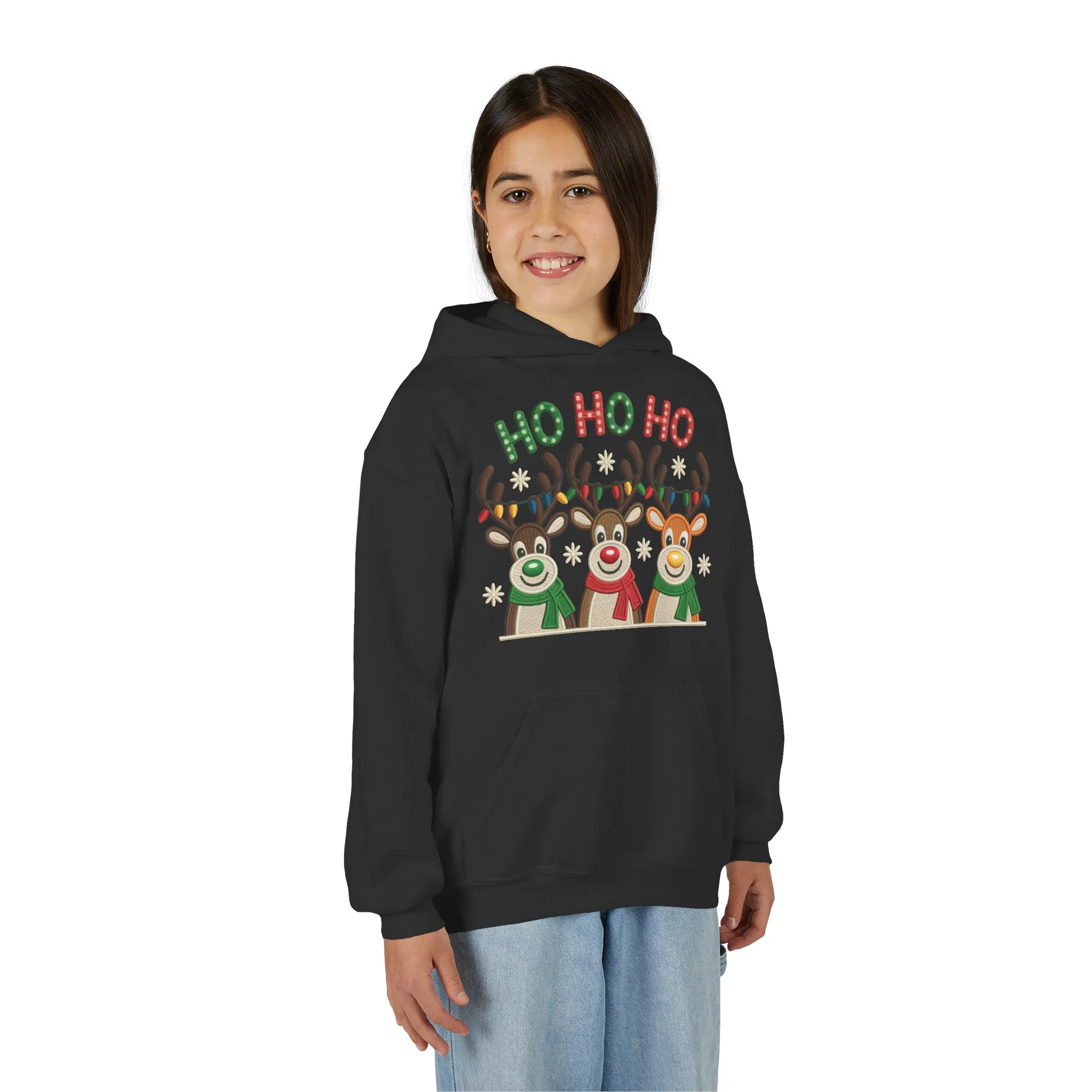 Ho Ho Ho Reindeer Hoodie for Girls, Cute Christmas Holiday Kids Pullover, Youth Hooded Sweatshirt - Image 9