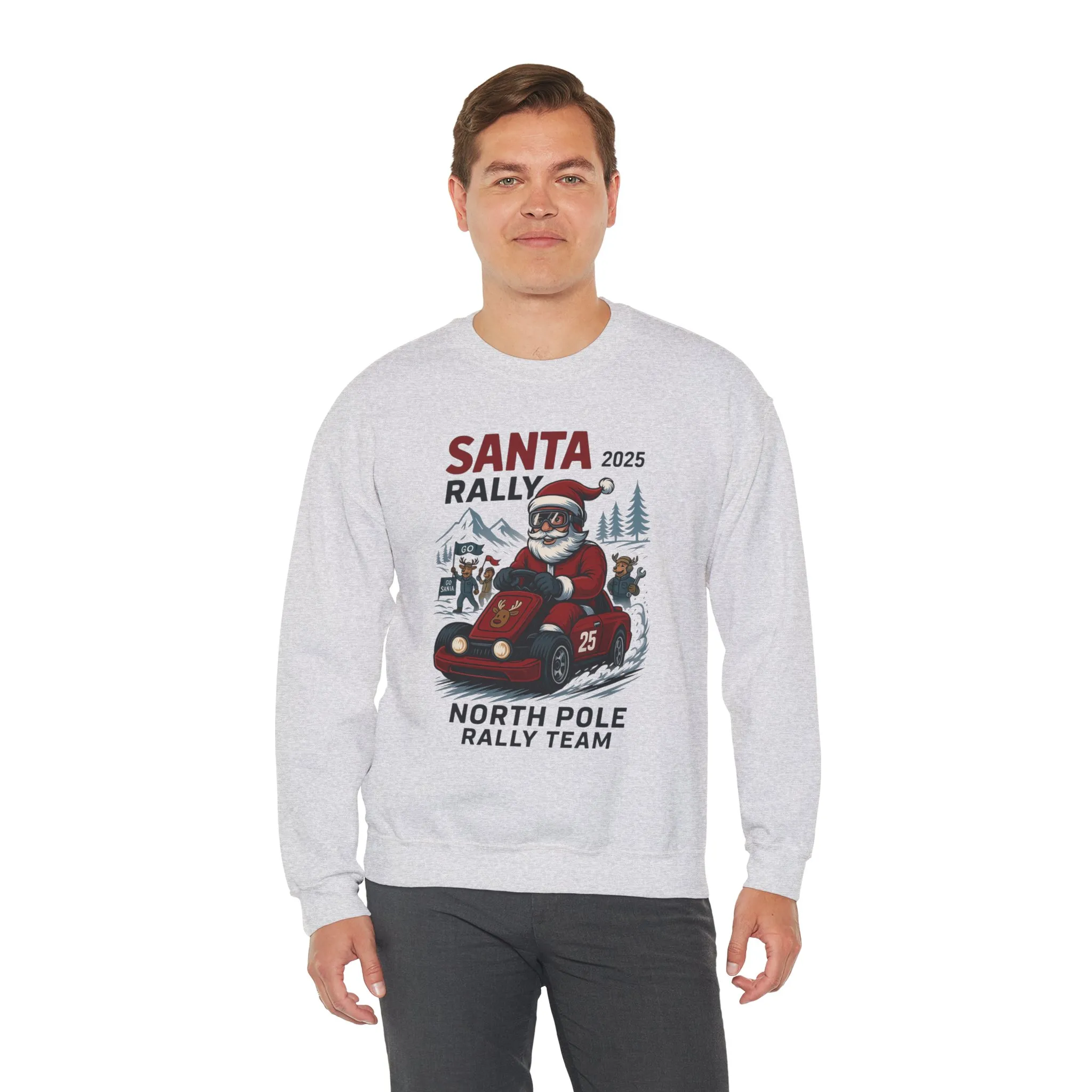 Santa Rally 2025 Christmas Men's Sweatshirt, Funny Santa Racing Sweatshirt for Men, North Pole Rally Team Holiday Jumper