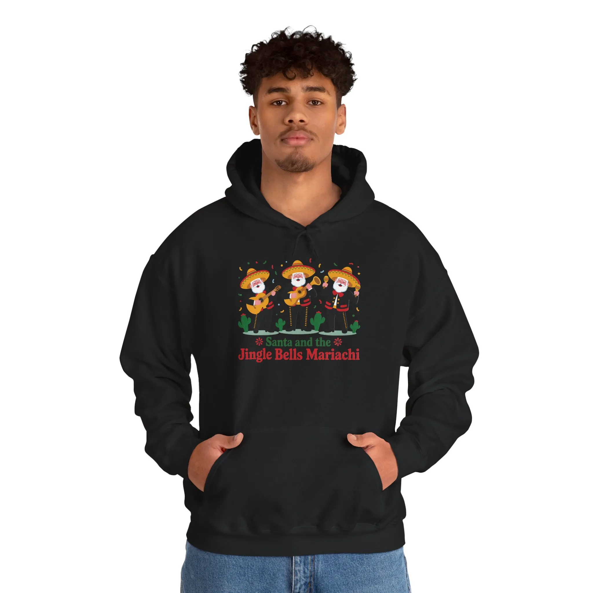 Santa and the Jingle Bells Mariachi Hoodie, Funny Mexican Santa Christmas Hoodie, Latin Fiesta Holiday Sweatshirt - Image 7