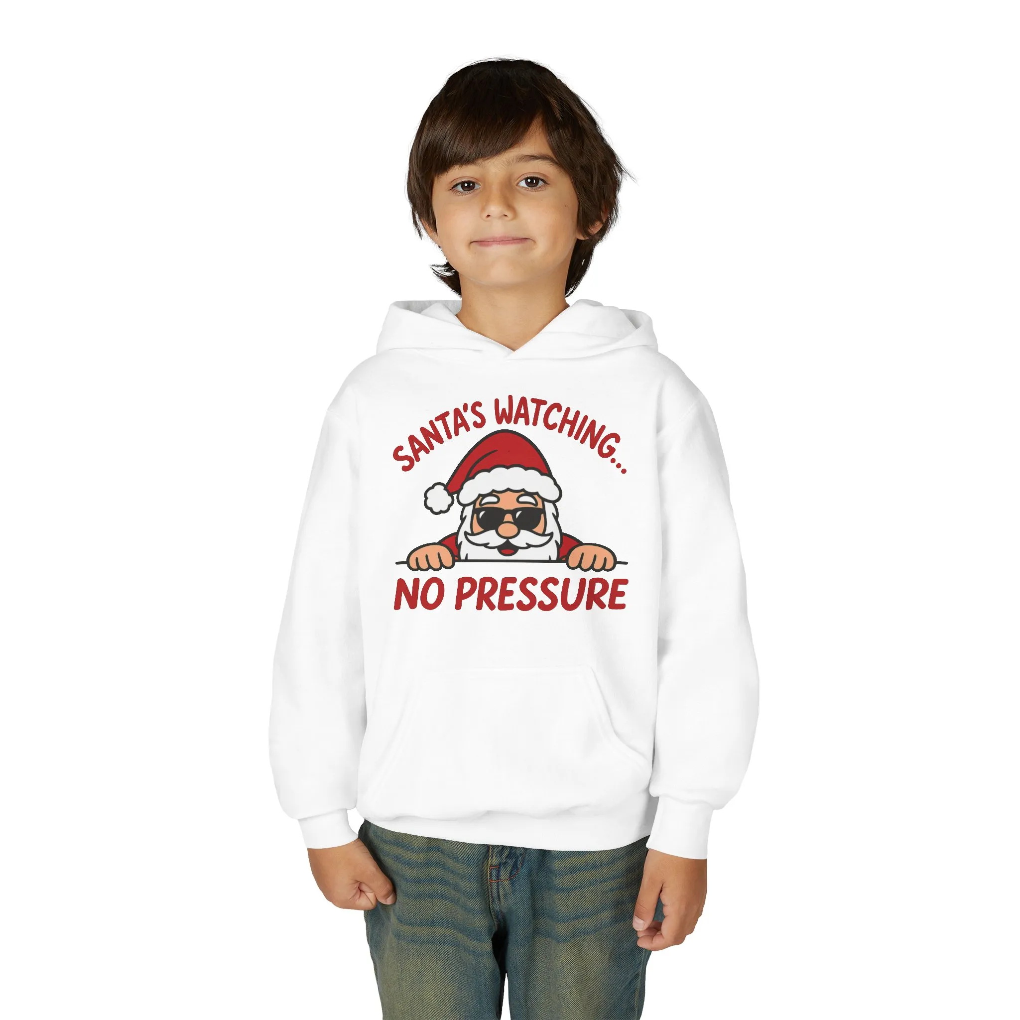 Santa's Watching No Pressure Kids Christmas Hoodie, Funny Holiday Sweatshirt for Youth - Image 5
