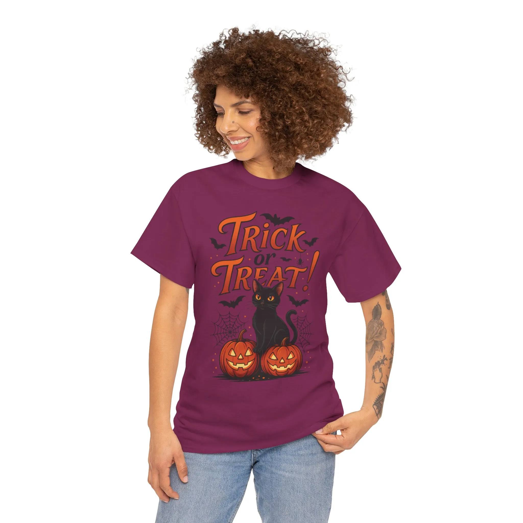 Trick or Treat Black Cat Halloween T-Shirt for Women, Spooky Cute Pumpkin Cat Tee, Fall Halloween Outfit Gift, Vintage Witchy Top - Image 29
