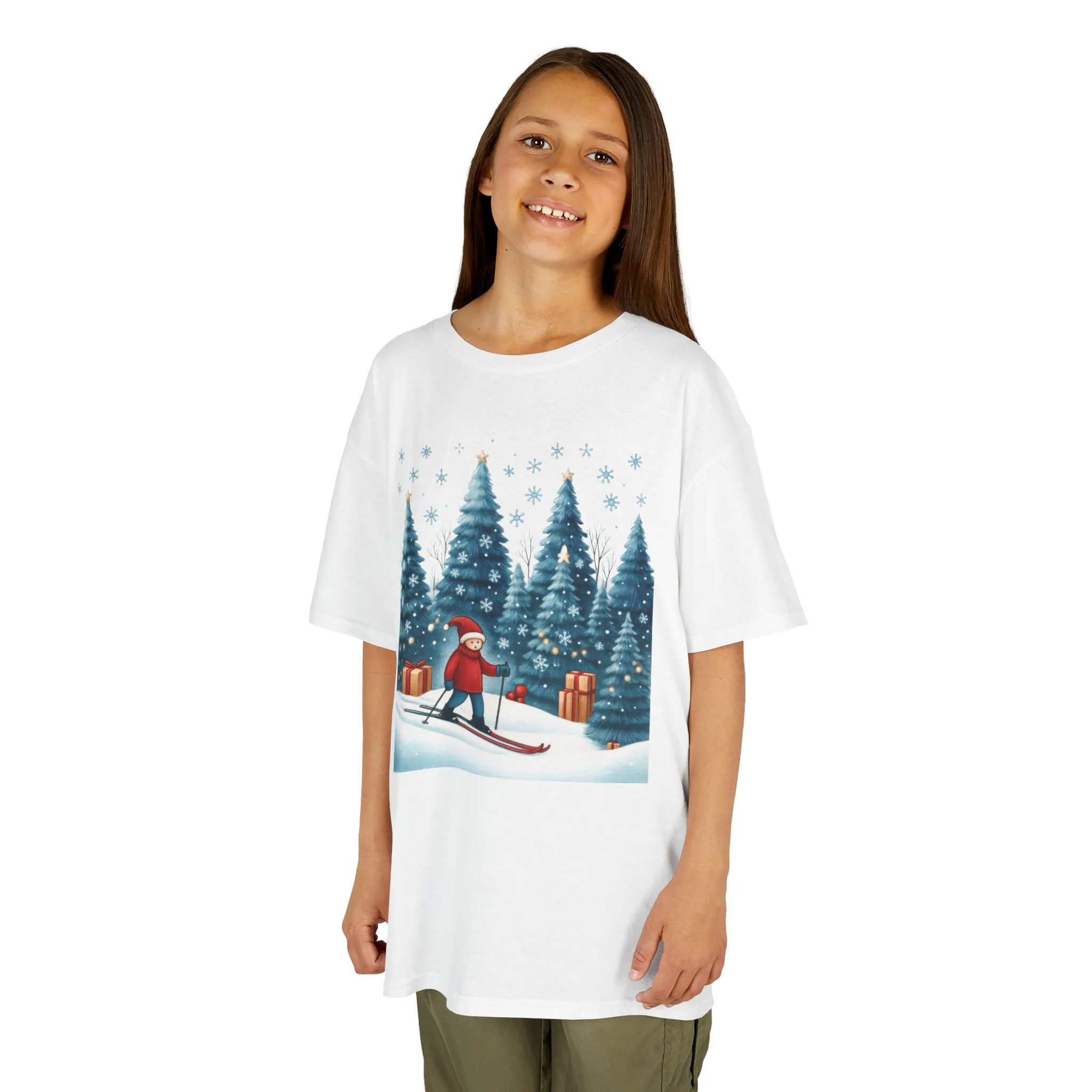 Kids Christmas Skiing T-Shirt, Cute Winter Holiday Graphic Tee, Kids Heavy Cotton™ Tee - Image 4
