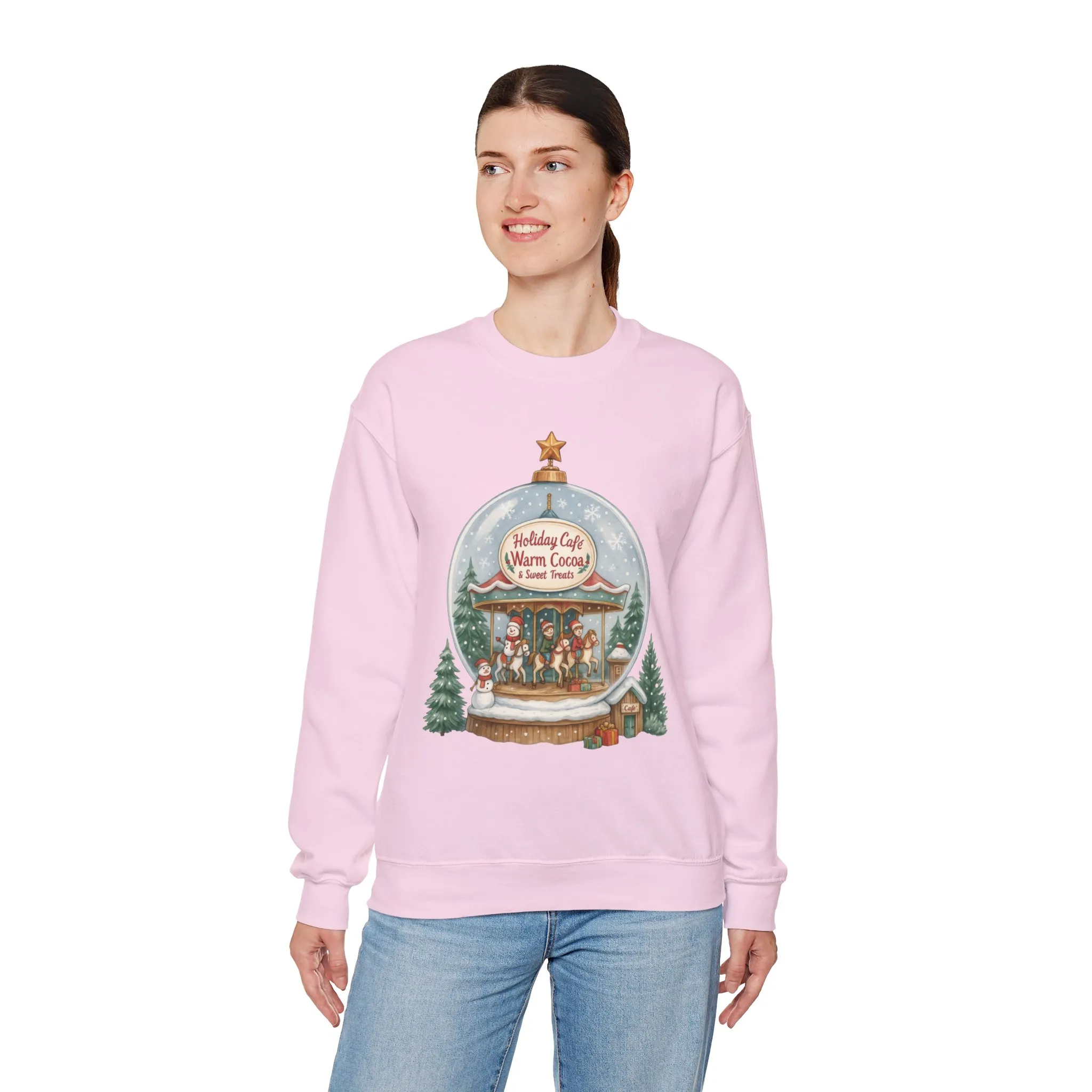 Holiday Café Christmas Sweatshirt, Warm Cocoa Snow Globe Pullover - Image 3