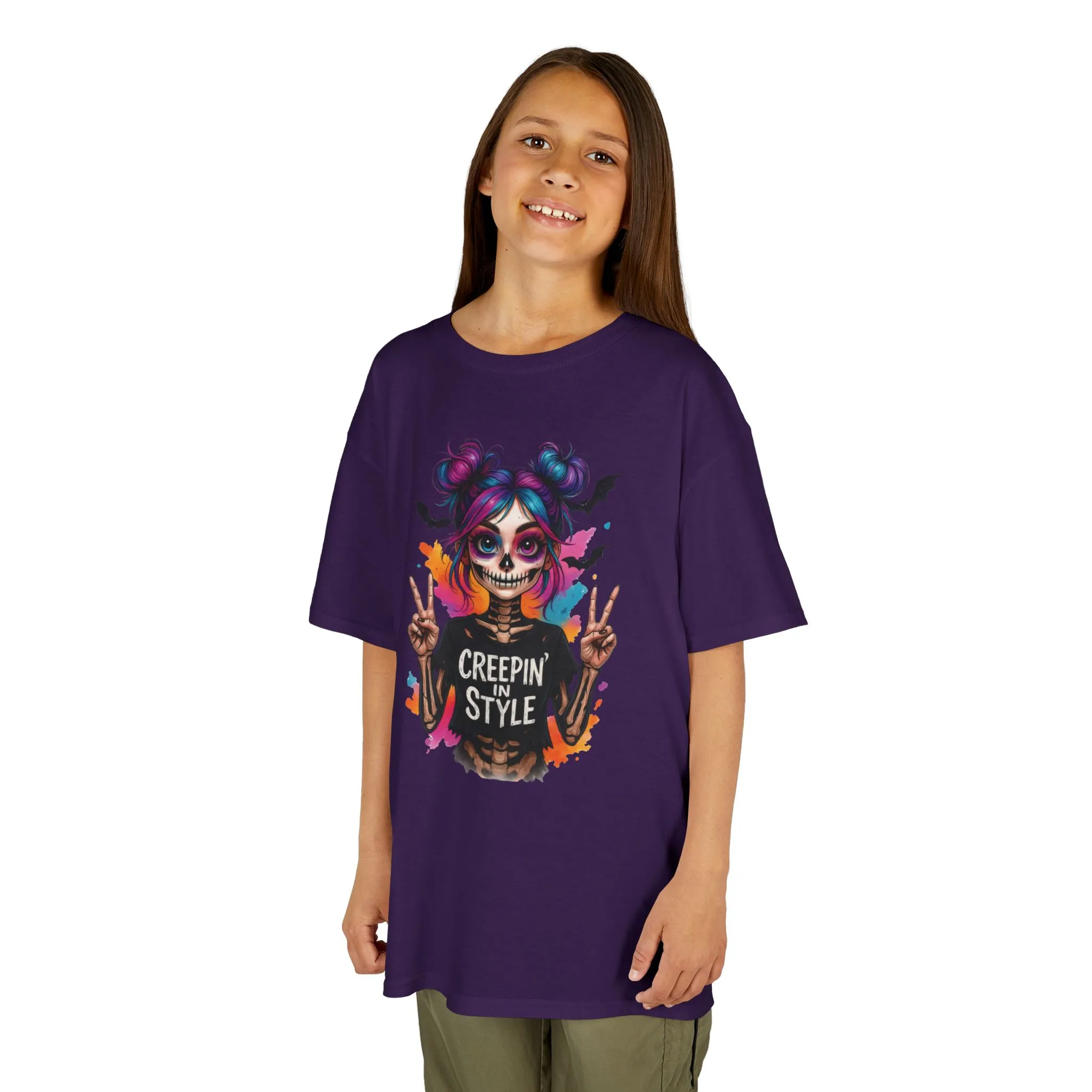 Creepin' in Style Kids Halloween T-Shirt, Colorful Skeleton Girl Design, Cute Spooky Shirt for Trendy Girls - Image 14