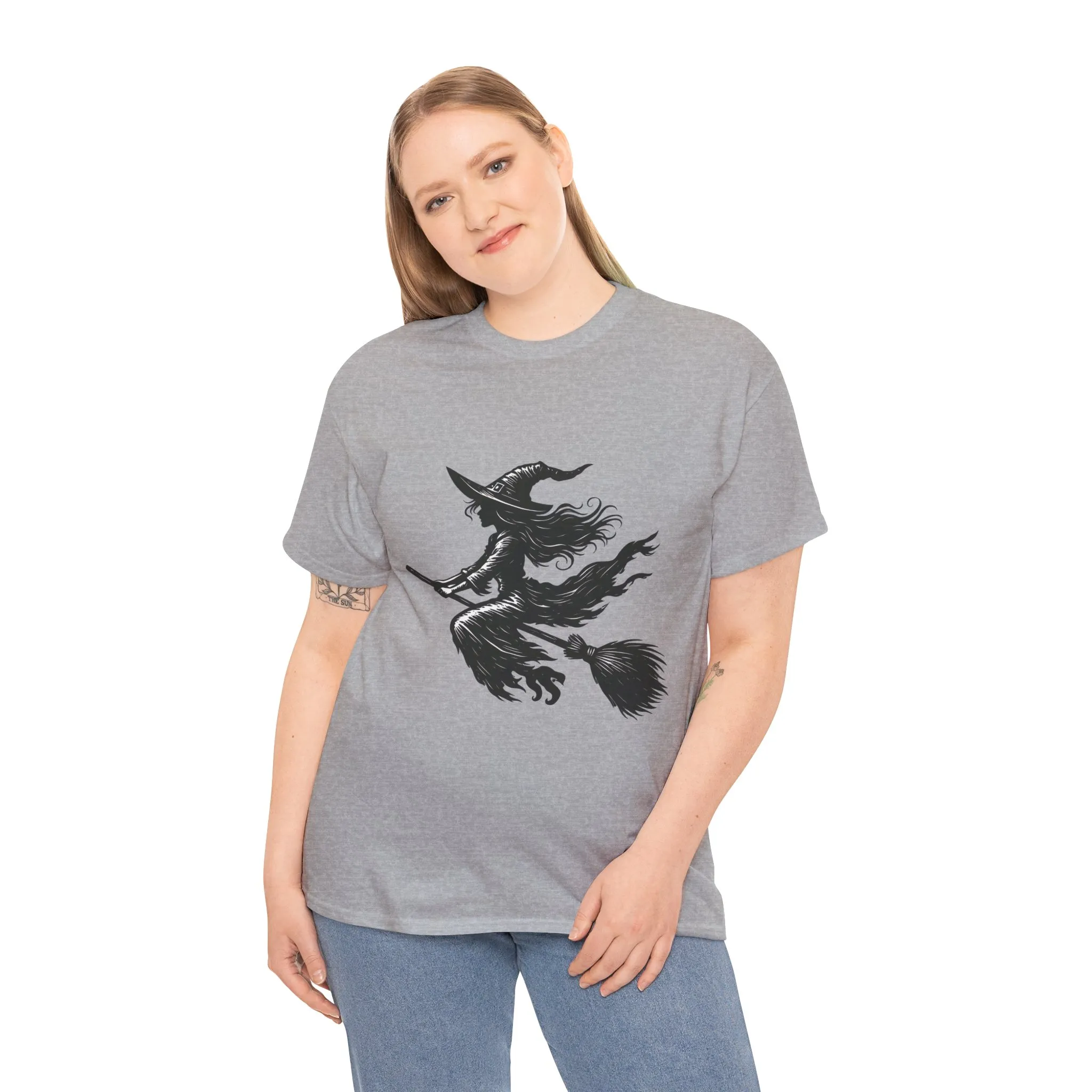 Flying Witch Silhouette Halloween T-Shirt for Women, Vintage Witch on Broom Tee, Spooky Gothic Fall Shirt, Minimal Black Witch Top - Image 12