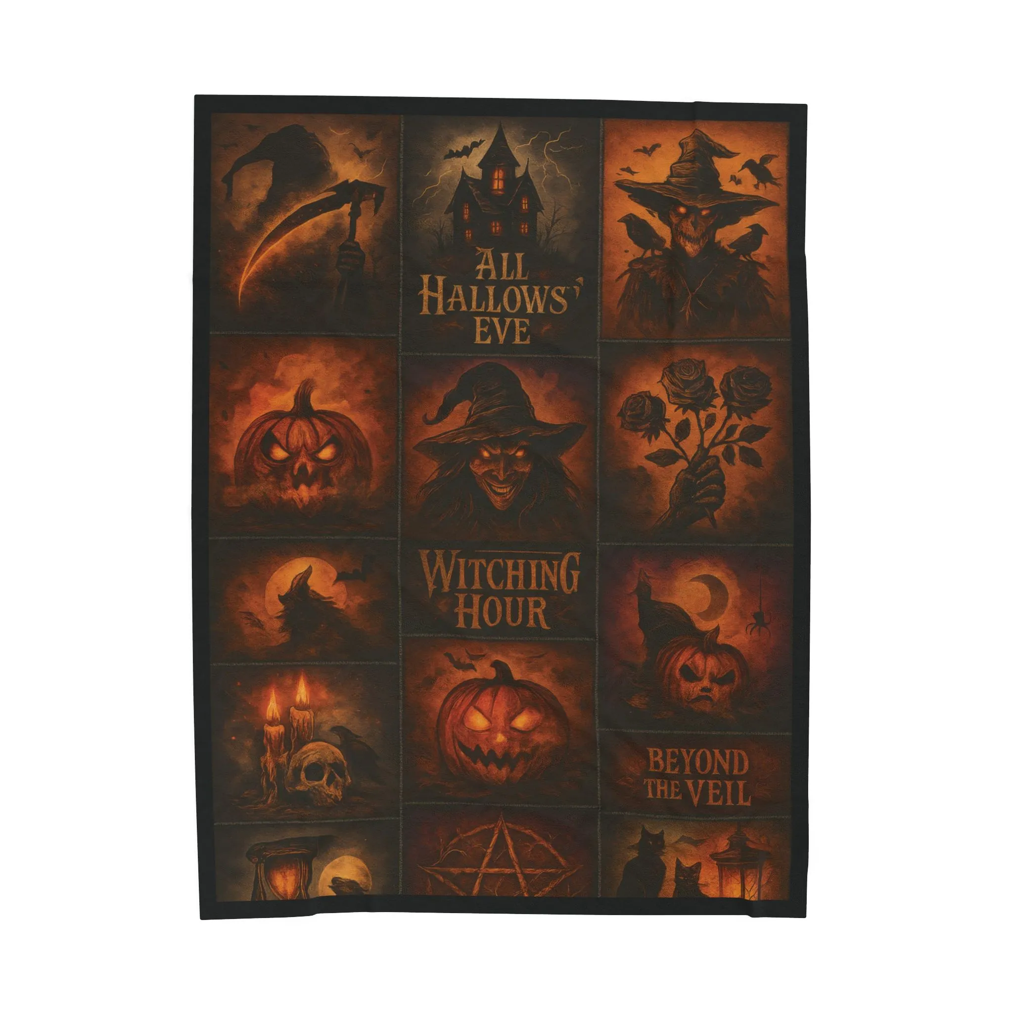 Gothic Halloween Velveteen Plush Blanket, Dark Fantasy Horror Throw, All Hallows Eve Witch Pumpkin Skull Blanket, Spooky Gothic Home Decor