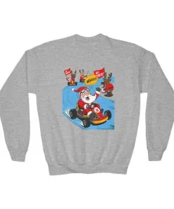 Go Santa Kart Racing Christmas Sweatshirt, Funny Santa - Reindeer Holiday Sweatshirt for Kids, Cute Christmas Jumper, Youth Xmas Gift