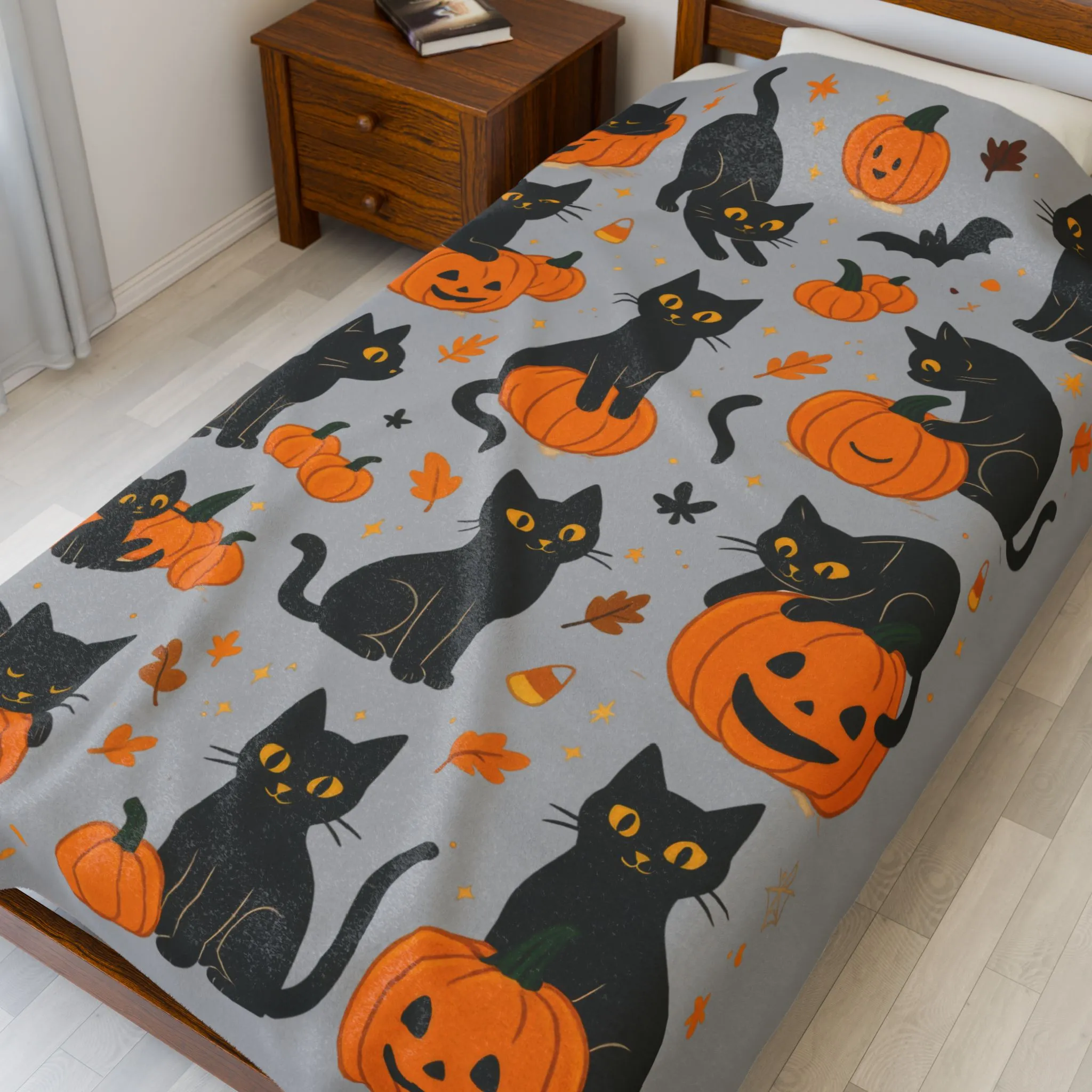 Cute Black Cats and Pumpkins Halloween Blanket, Cozy Fall Velveteen Plush Throw, Kawaii Spooky Cat Lover Gift, Autumn Home Decor, Blanket - Image 2