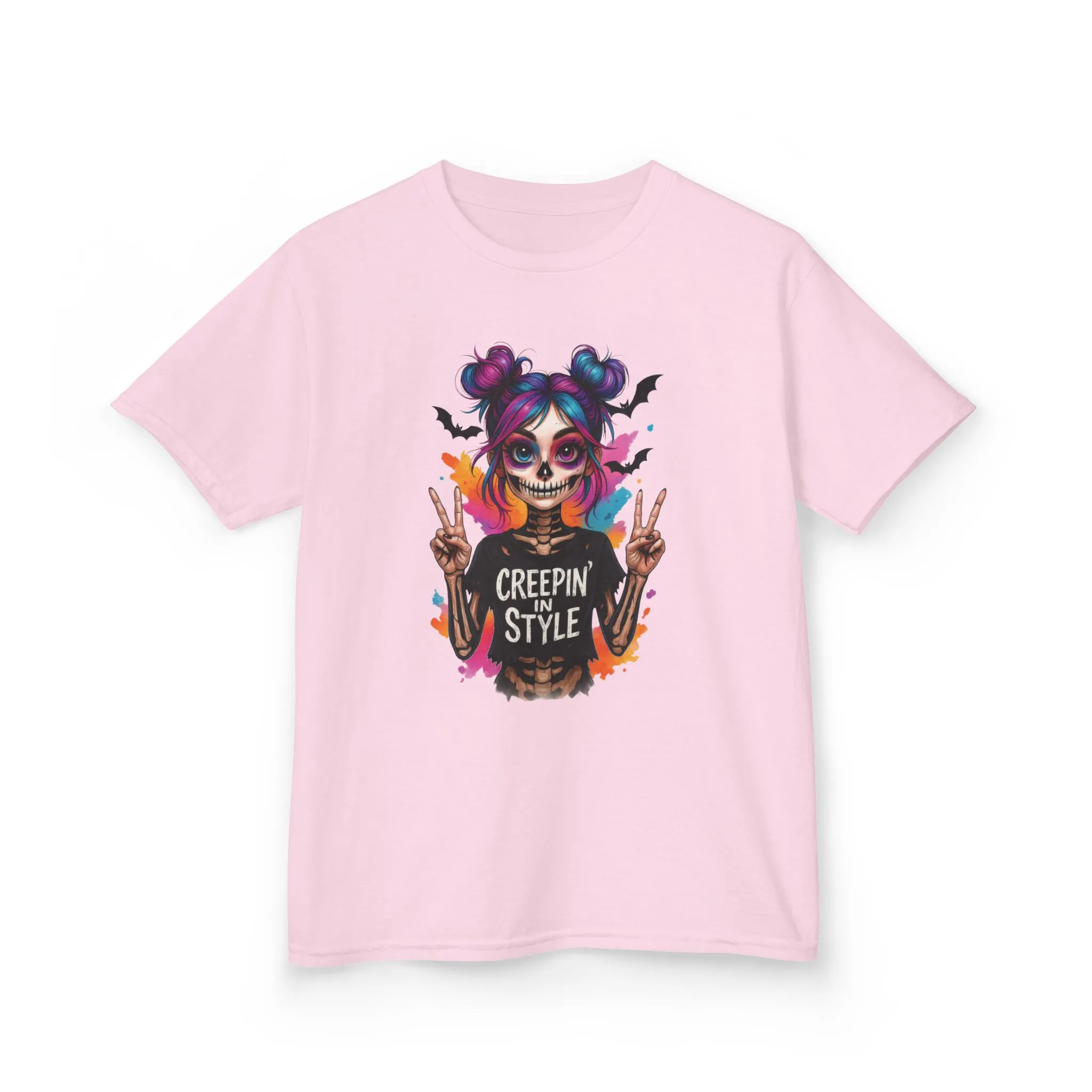 Creepin' in Style Kids Halloween T-Shirt, Colorful Skeleton Girl Design, Cute Spooky Shirt for Trendy Girls - Image 15