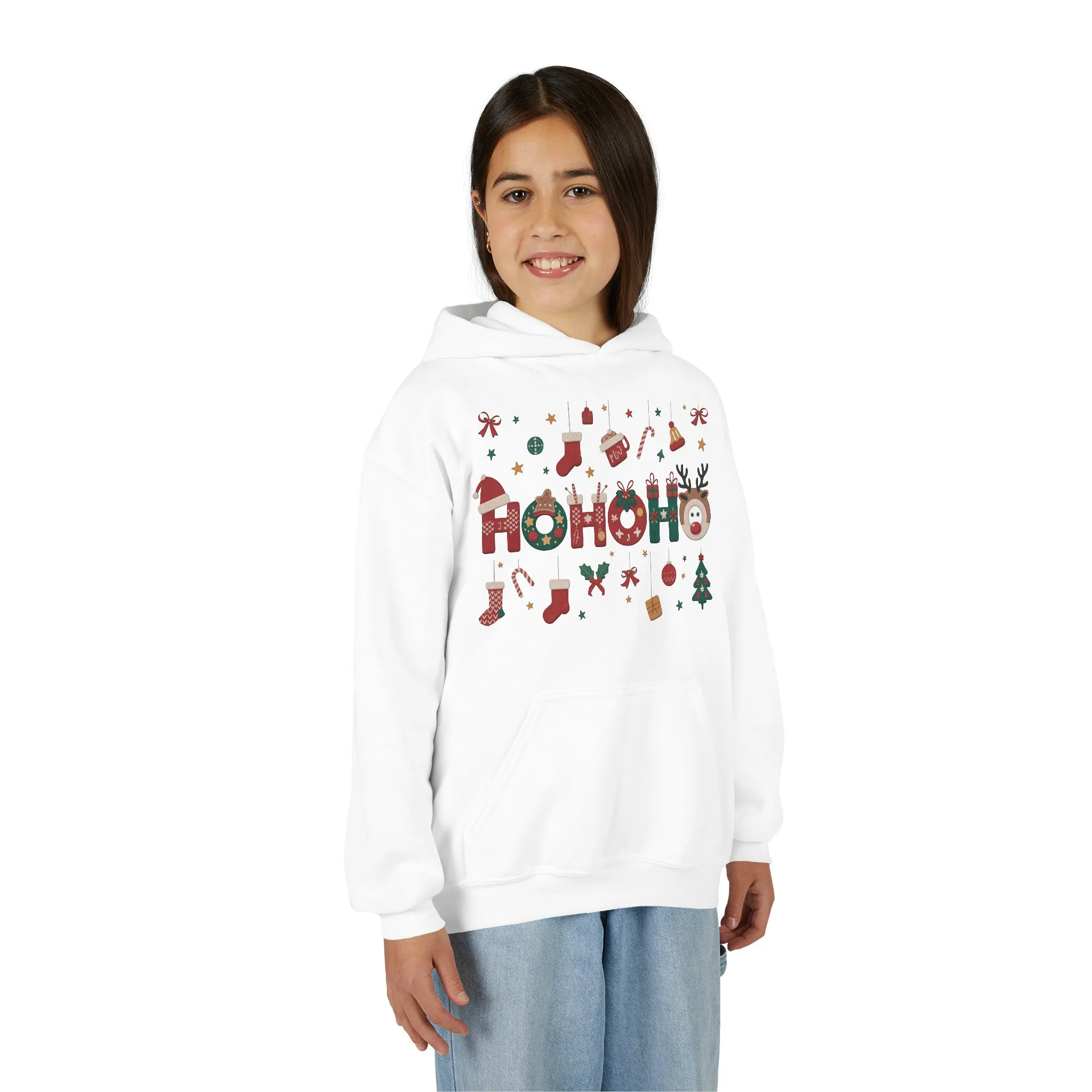 Ho Ho Ho Kids Christmas Hoodie, Cute Girls Holiday Sweatshirt, Gingerbread - Reindeer Festive Design, Cozy Winter Christmas Outfit - Image 3