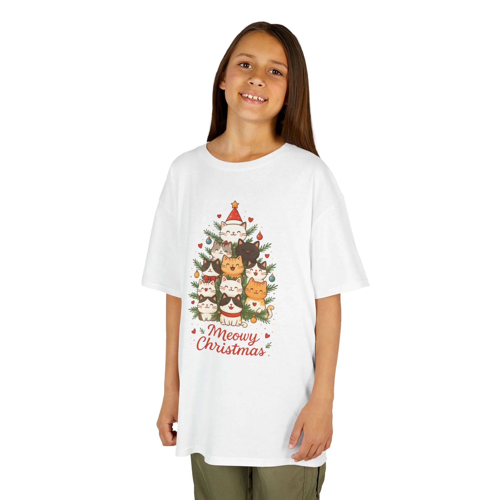 Youth Meowy Christmas Cat T-Shirt, Cute Kids Holiday Kitty Tee - Image 4