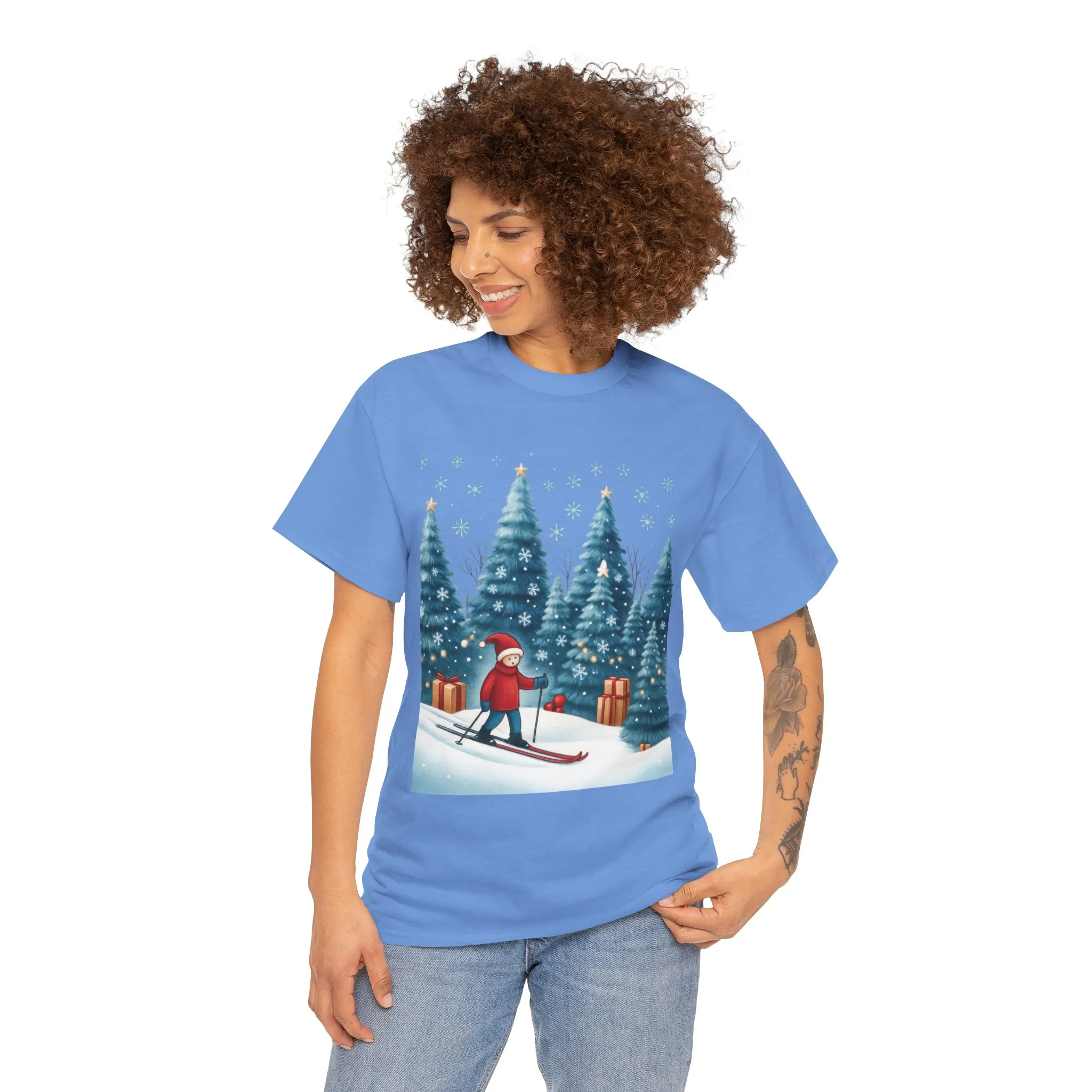 Womens Cute Winter Holiday Graphic Tee, Christmas Skiing T-Shirt, Women's Heavy Cotton Tee - Image 3