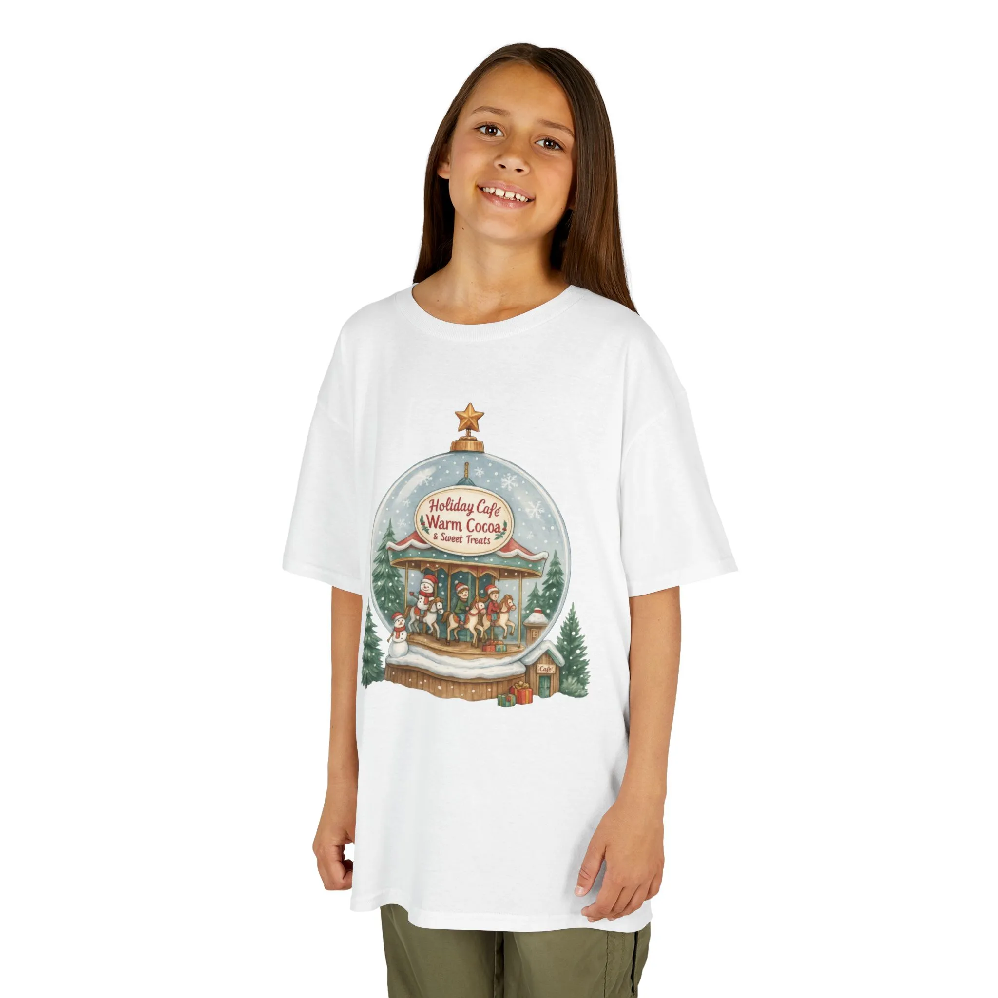 Youth Holiday Café Christmas T-Shirt, Warm Cocoa Carousel Kids Tee - Image 4