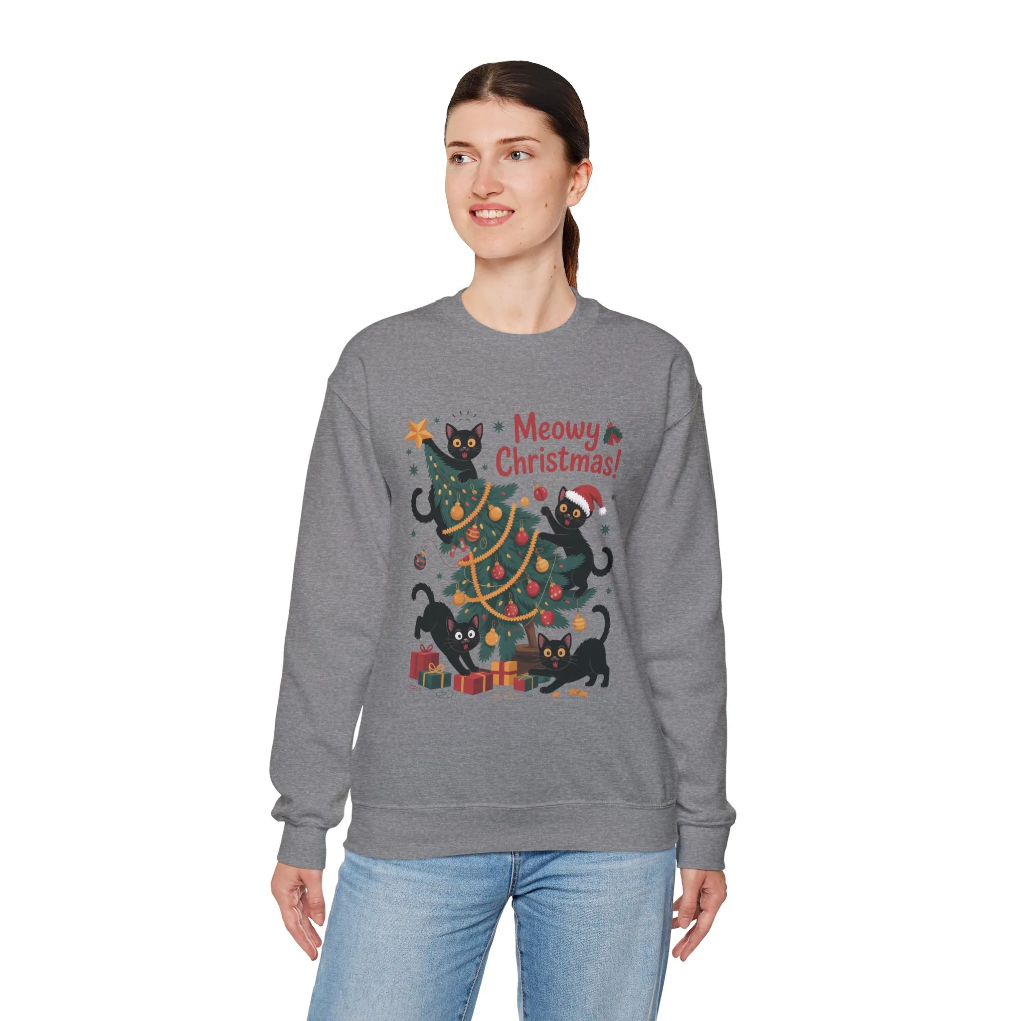 Black Cats Christmas Tree Sweatshirt, Funny Cat Lover Holiday Sweater, Cute Christmas Cat Chaos Jumper - Image 3