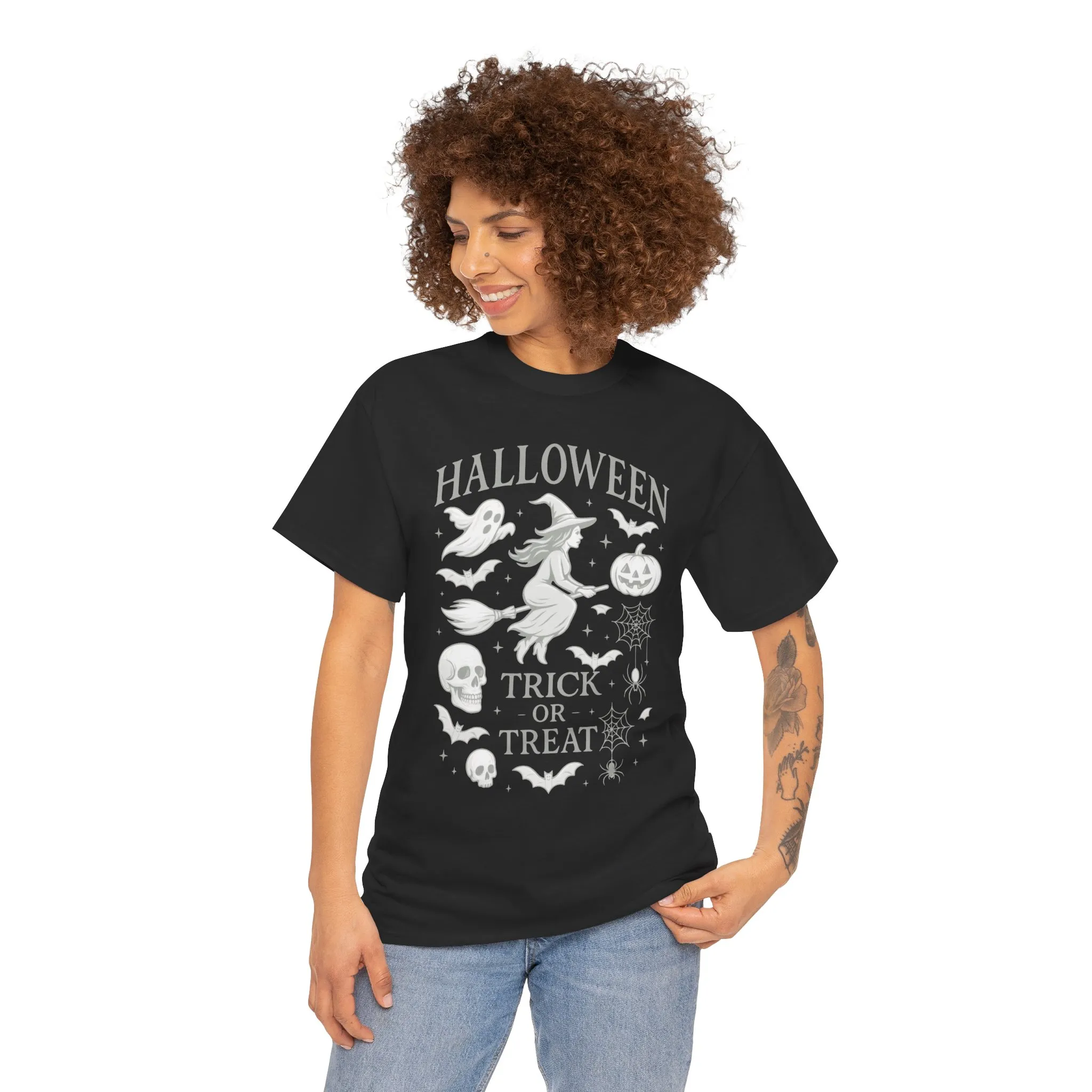 Halloween Witch Flying Broomstick T-Shirt, Trick or Treat Ghost Pumpkin Skull Spider Web Women's Tee - Image 5