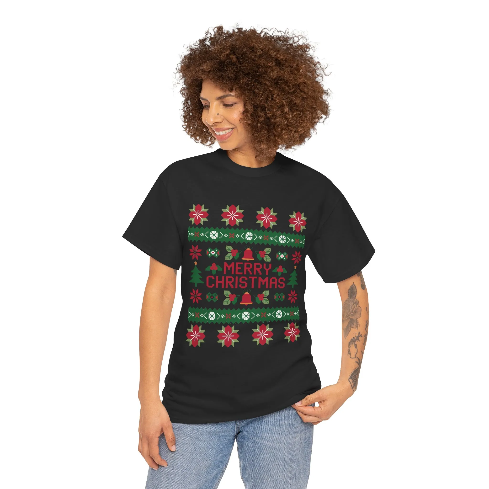 Merry Christmas Women's T-Shirt, Festive Ugly Sweater Style Tee, Classic Holiday Knit Pattern Shirt - Image 11