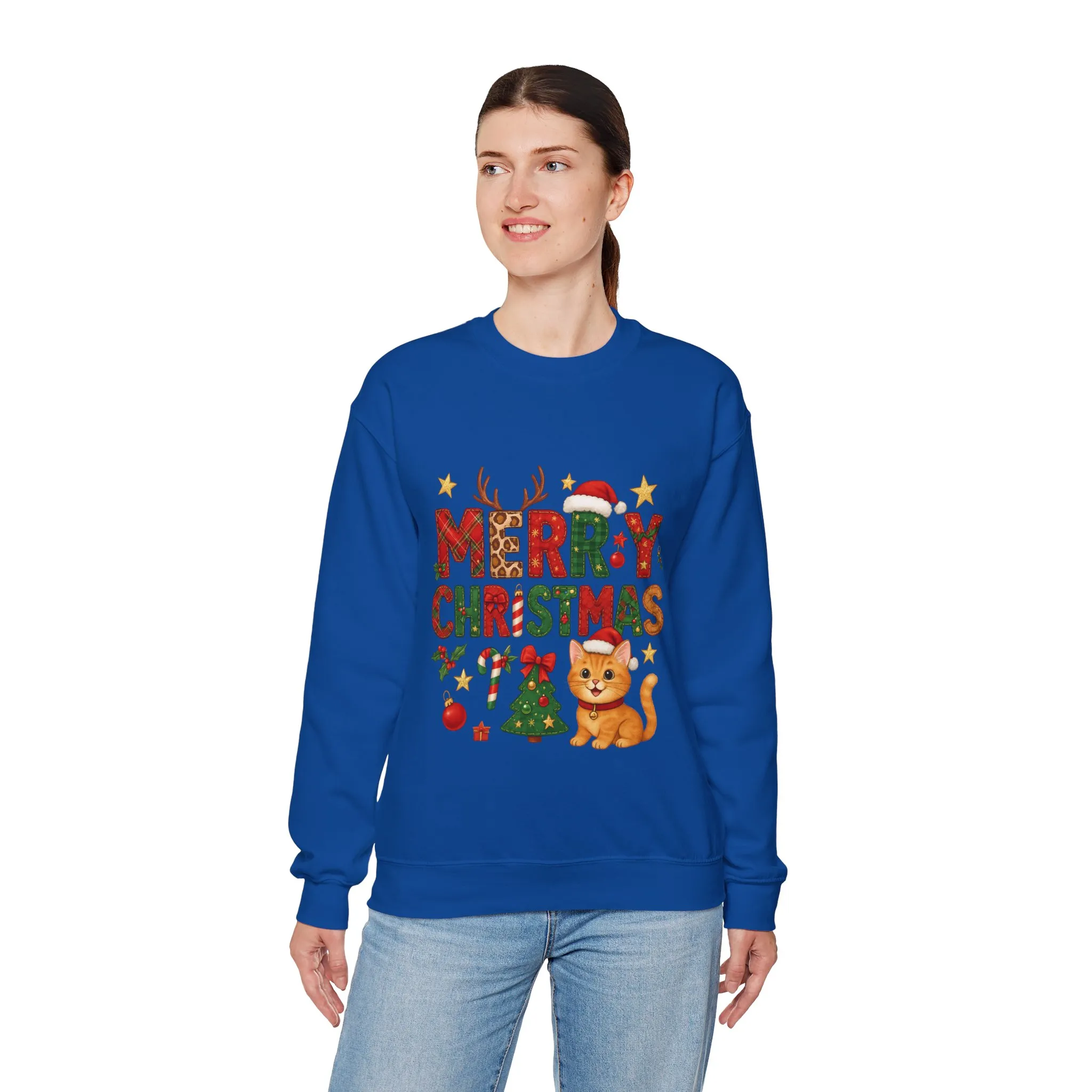 Women's Merry Christmas Cat Sweatshirt, Cozy Holiday Cat Lover Pullover, Women's Heavy Blend™ Crewneck Sweatshirt - Image 15