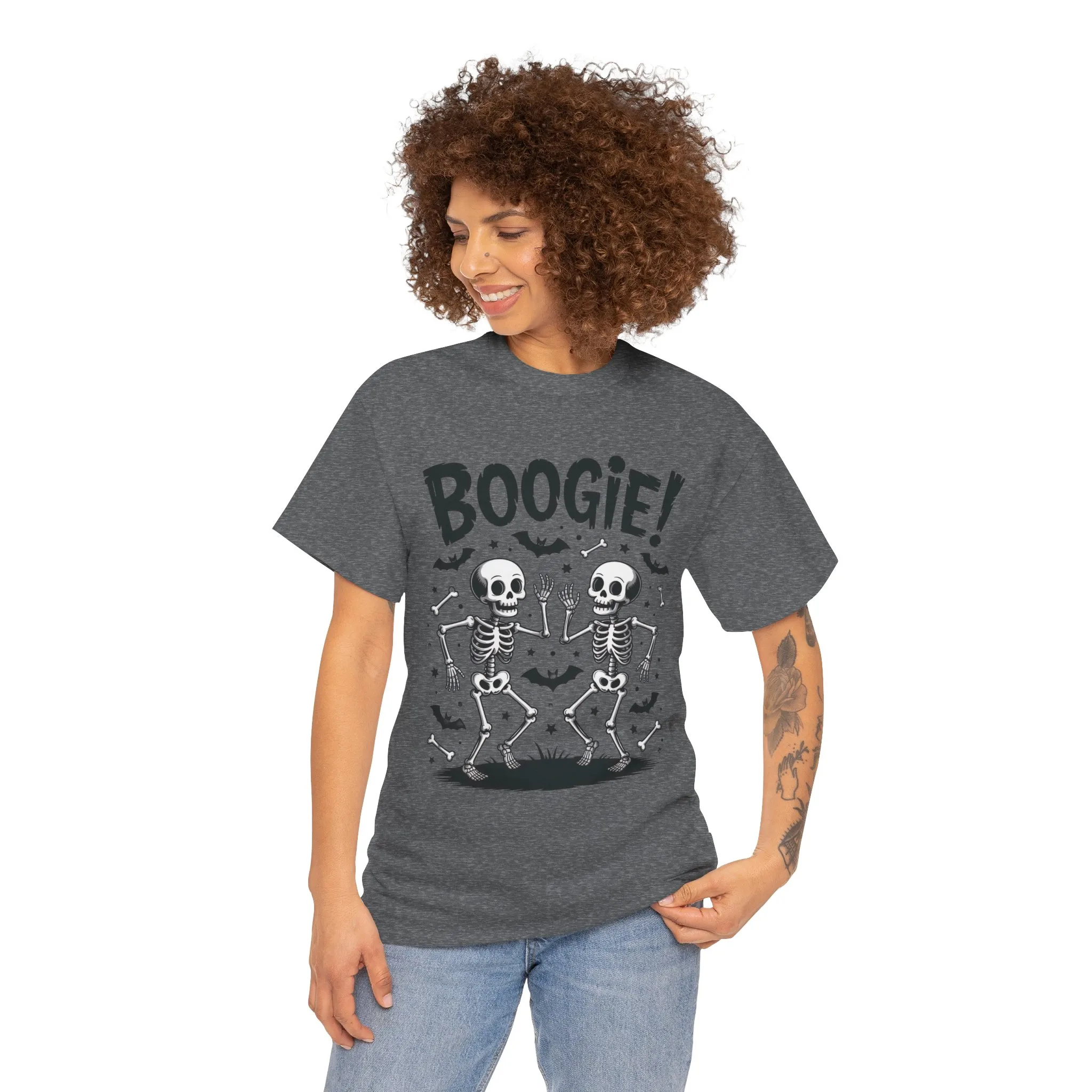 Halloween Dancing Skeletons Women's T-Shirt, BOOGIE! Funny Spooky Graphic Tee for Women, Women's Heavy Cotton Tee - Image 8
