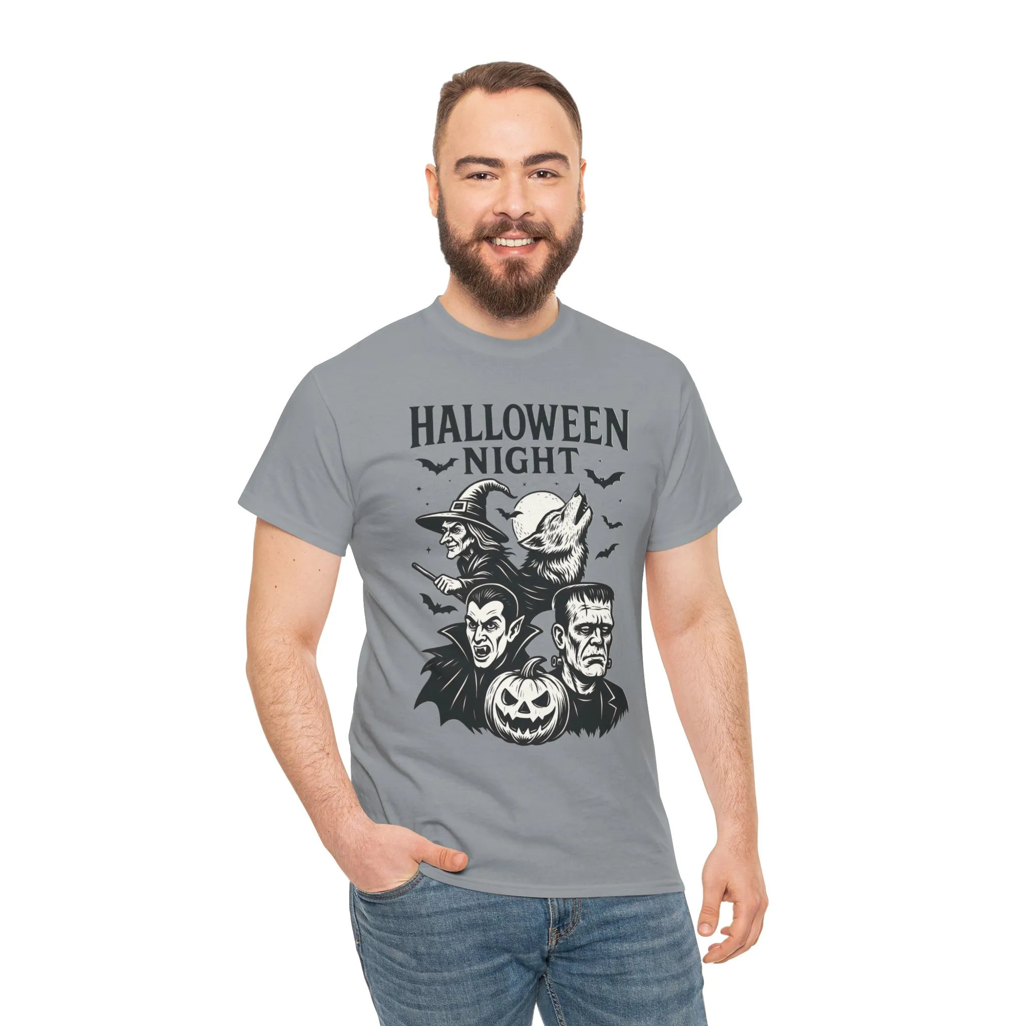 Halloween Night Men's T-Shirt, Classic Monsters Graphic Tee, Witch, Vampire, Frankenstein, Werewolf - Image 14
