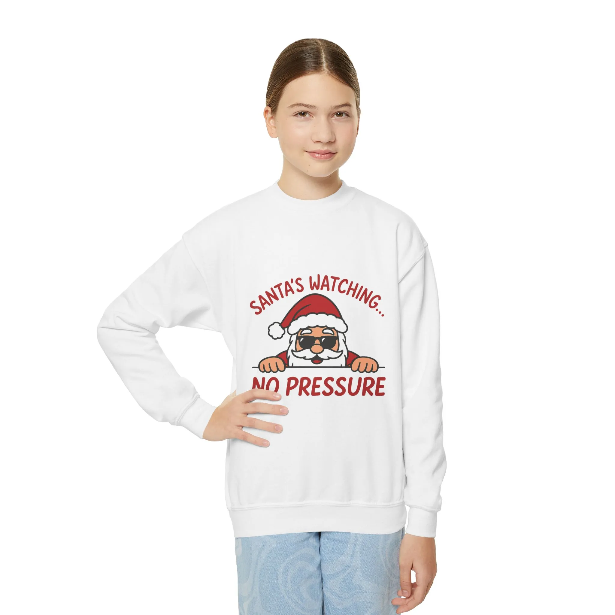 Santa's Watching No Pressure Kids Christmas Sweatshirt, Funny Holiday Jumper for Youth - Image 6