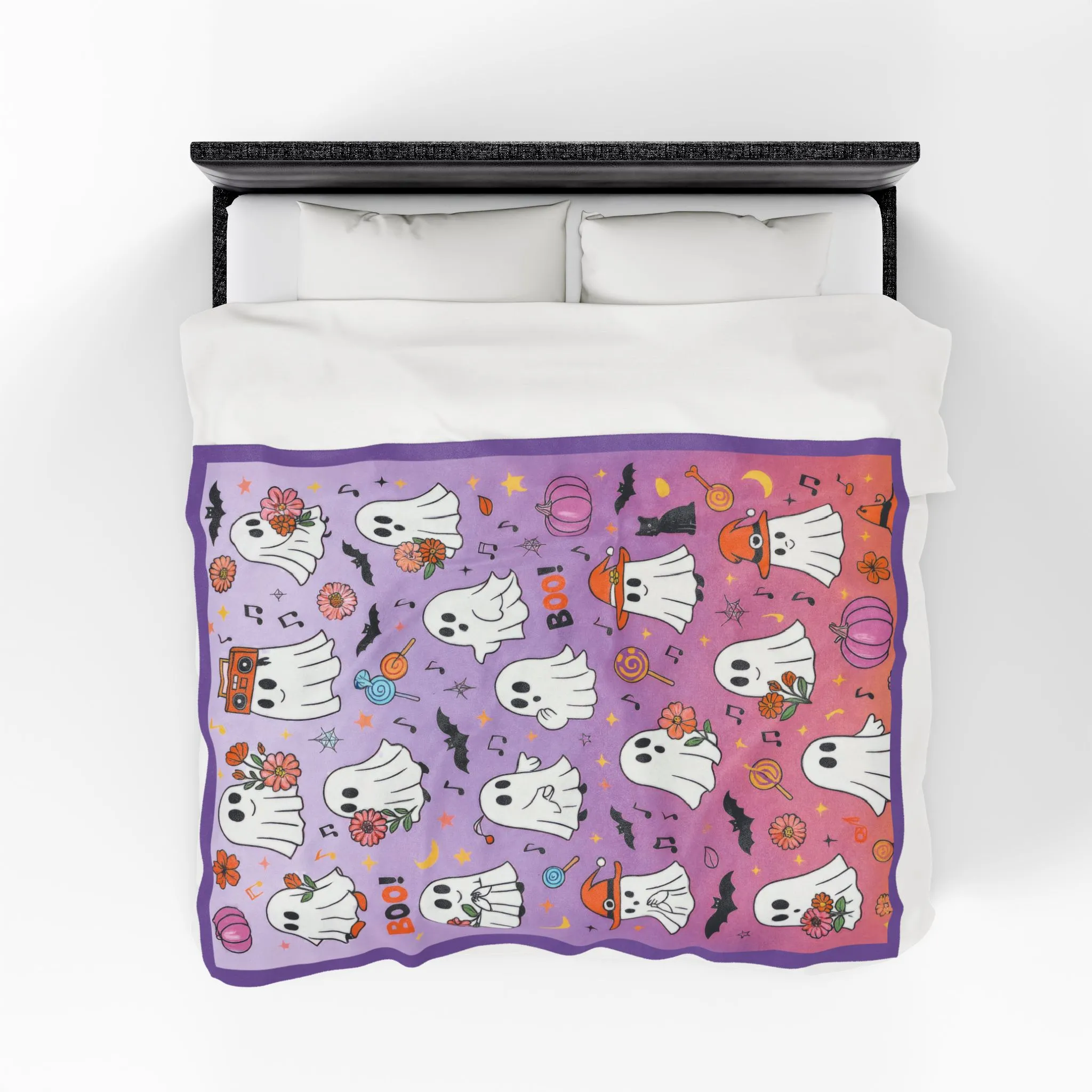 Cute Ghost Halloween Velveteen Plush Blanket for Kids, Purple Ghost and Candy Throw Blanket, Cozy Spooky Fall Blanket, Kawaii Boo Gift - Image 6