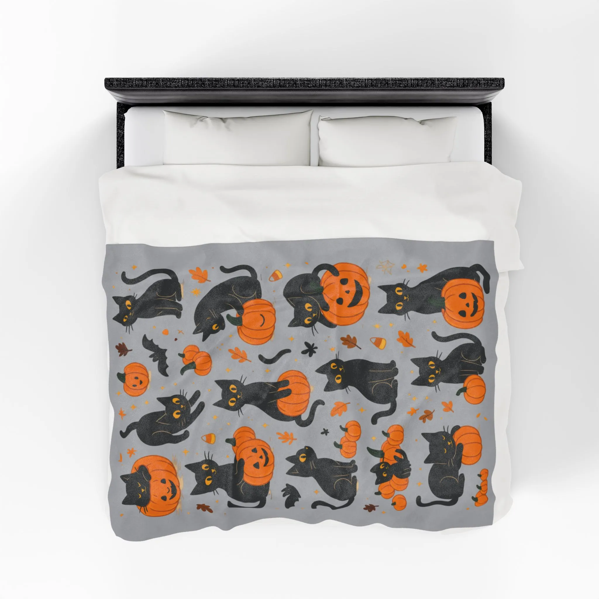 Cute Black Cats and Pumpkins Halloween Blanket, Cozy Fall Velveteen Plush Throw, Kawaii Spooky Cat Lover Gift, Autumn Home Decor, Blanket - Image 6