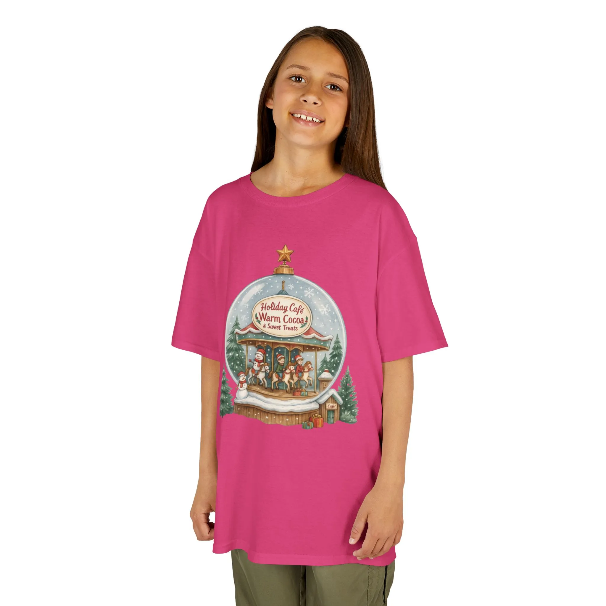 Youth Holiday Café Christmas T-Shirt, Warm Cocoa Carousel Kids Tee - Image 16