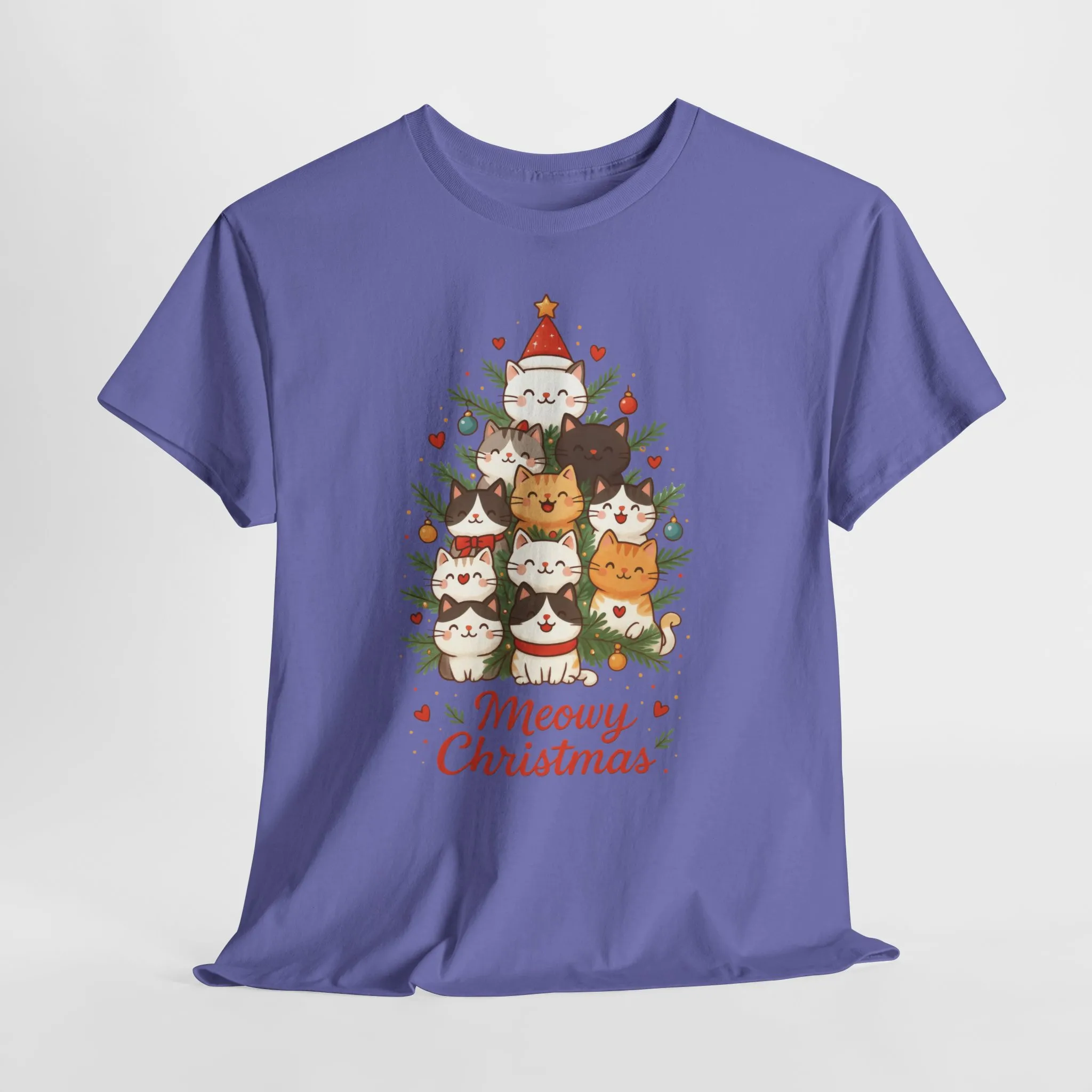 Women's Meowy Christmas Cat T-Shirt, Cute Holiday Kitty Tree Tee - Image 22