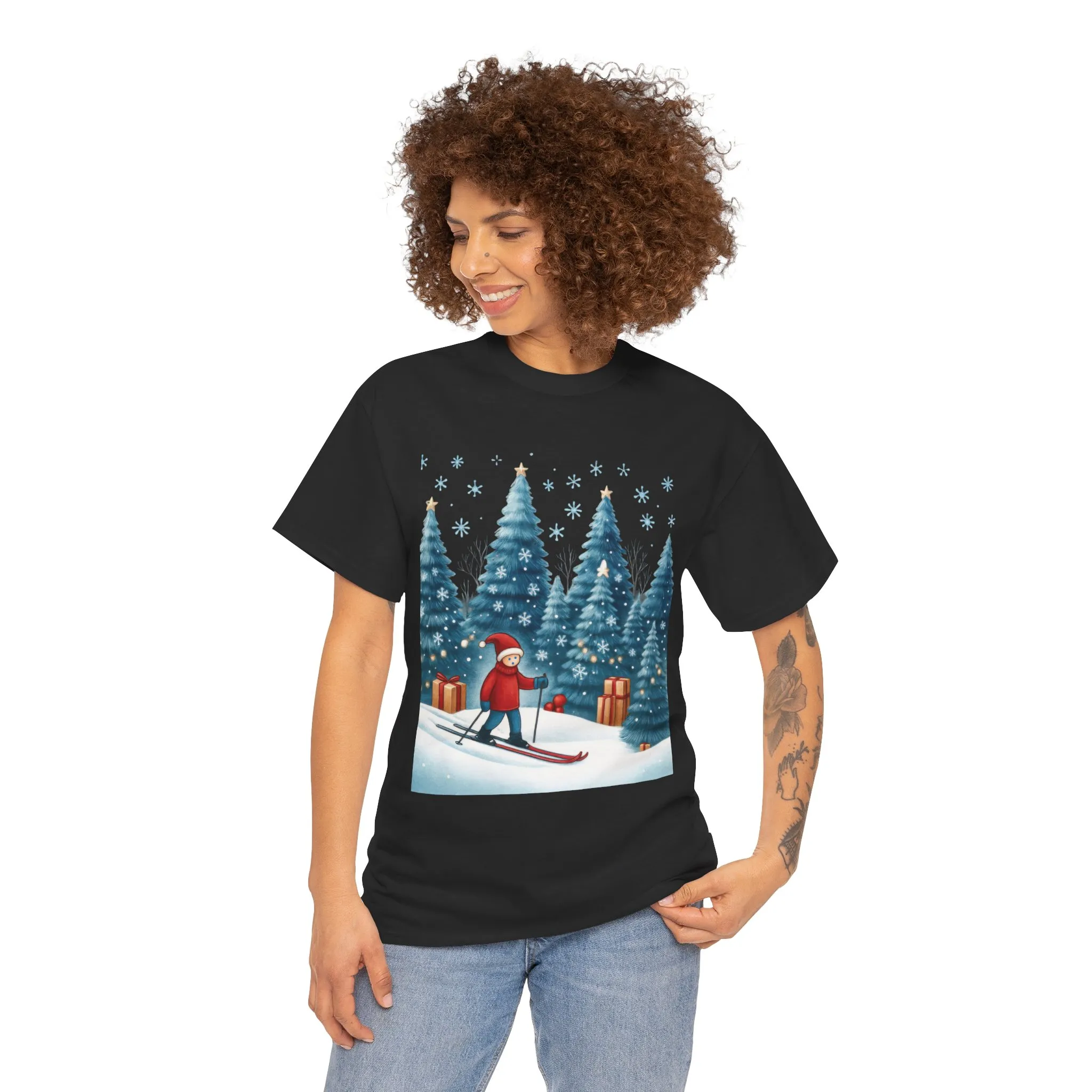 Womens Cute Winter Holiday Graphic Tee, Christmas Skiing T-Shirt, Women's Heavy Cotton Tee - Image 5