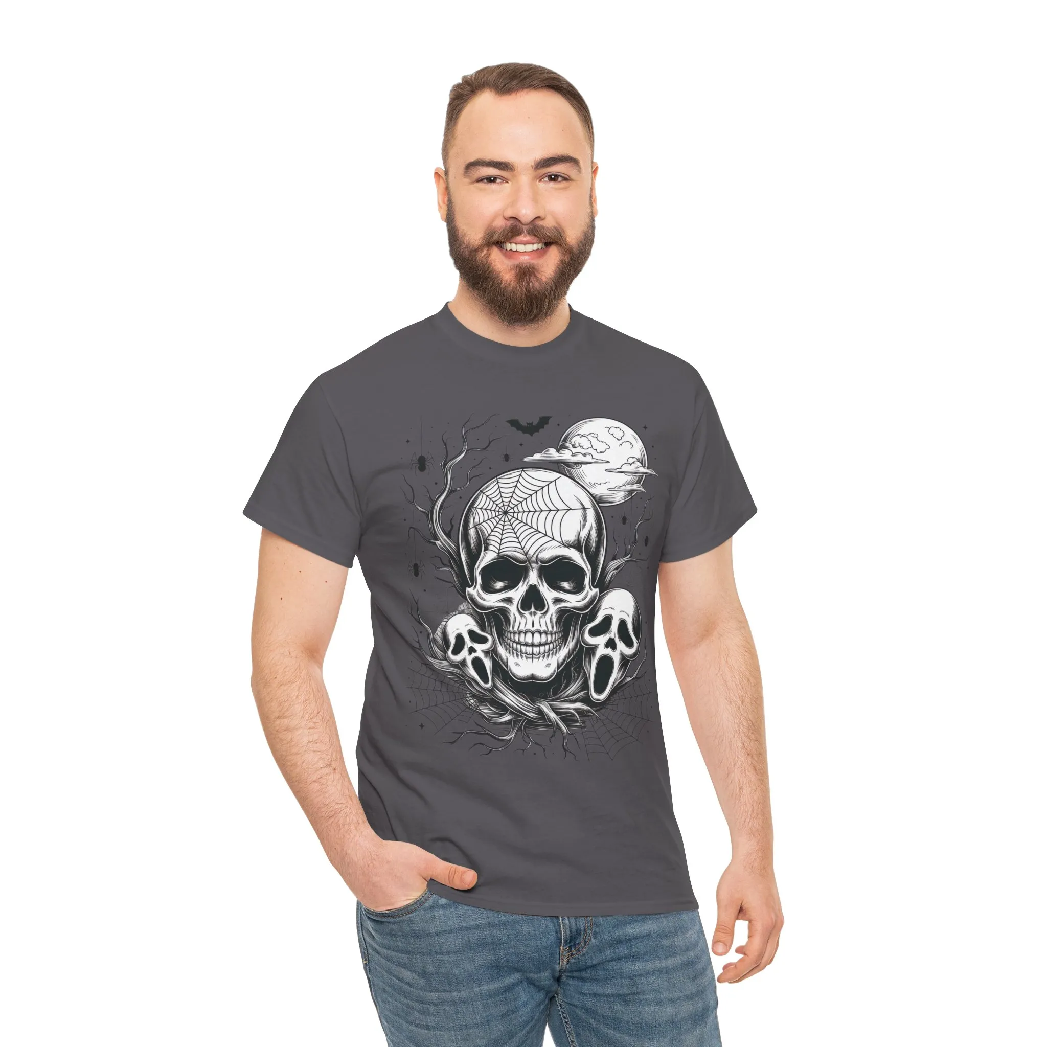 Men's Gothic Skull T-Shirt, Halloween Graphic Tee, Spider Web Moon Horror Shirt, Spooky Skull Graphic Top for Him - Image 23