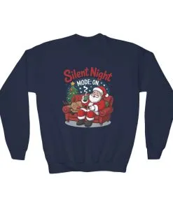 Kids Silent Night Mode On Christmas Sweatshirt, Cute Santa - Reindeer Holiday Jumper, Funny Cozy Christmas Sweater for Youth