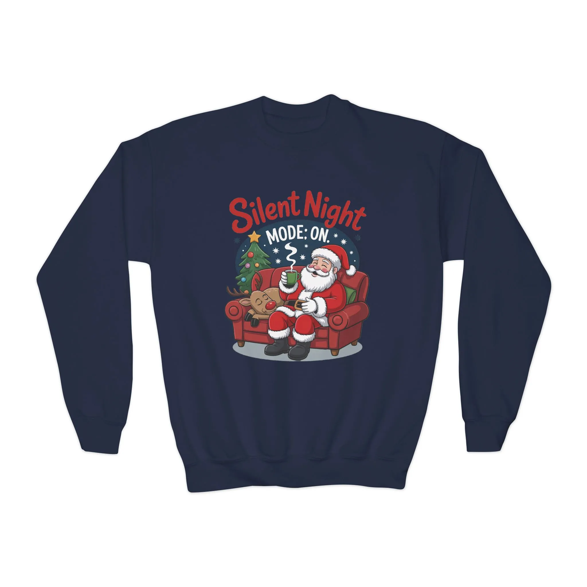 Kids Silent Night Mode On Christmas Sweatshirt, Cute Santa - Reindeer Holiday Jumper, Funny Cozy Christmas Sweater for Youth