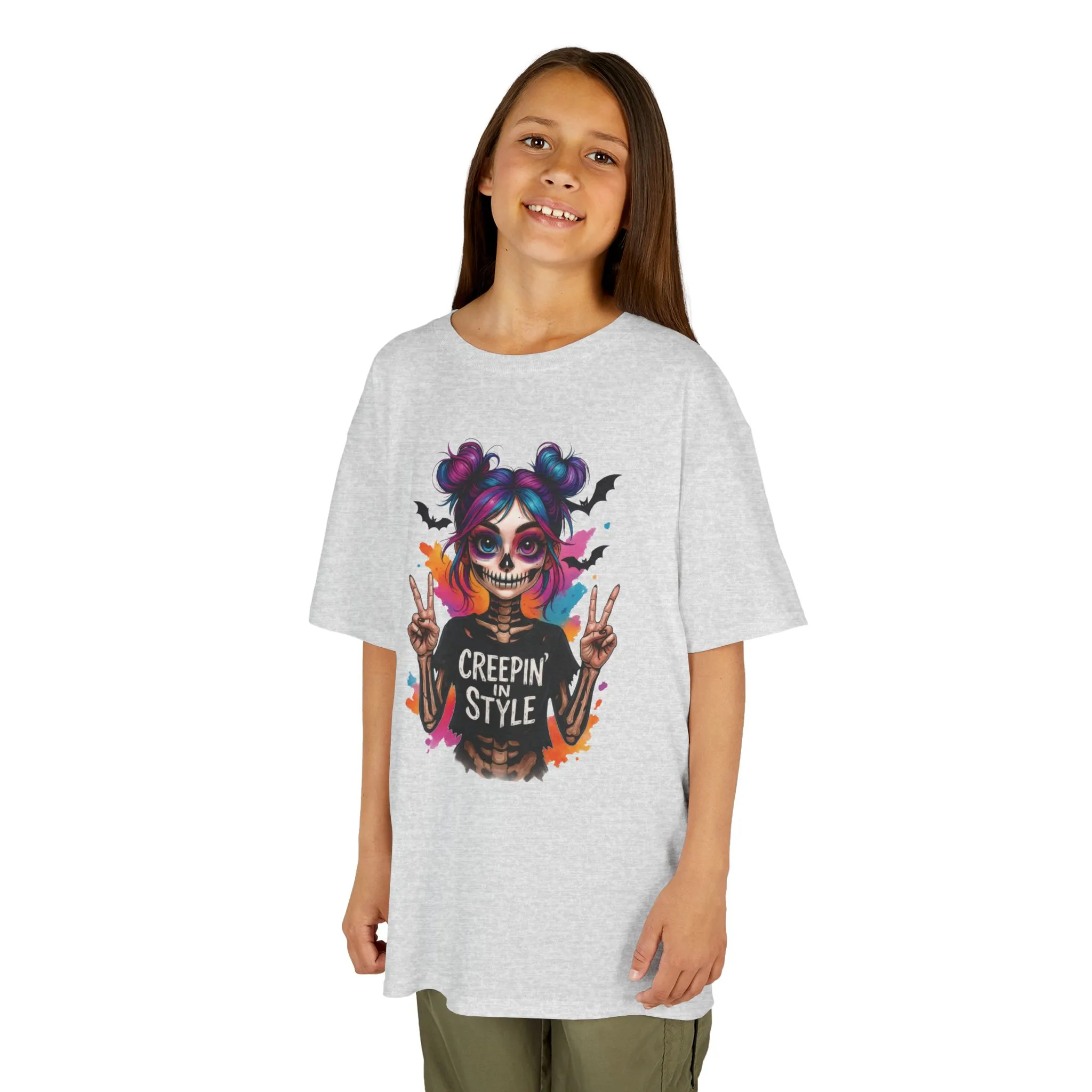 Creepin' in Style Kids Halloween T-Shirt, Colorful Skeleton Girl Design, Cute Spooky Shirt for Trendy Girls - Image 4