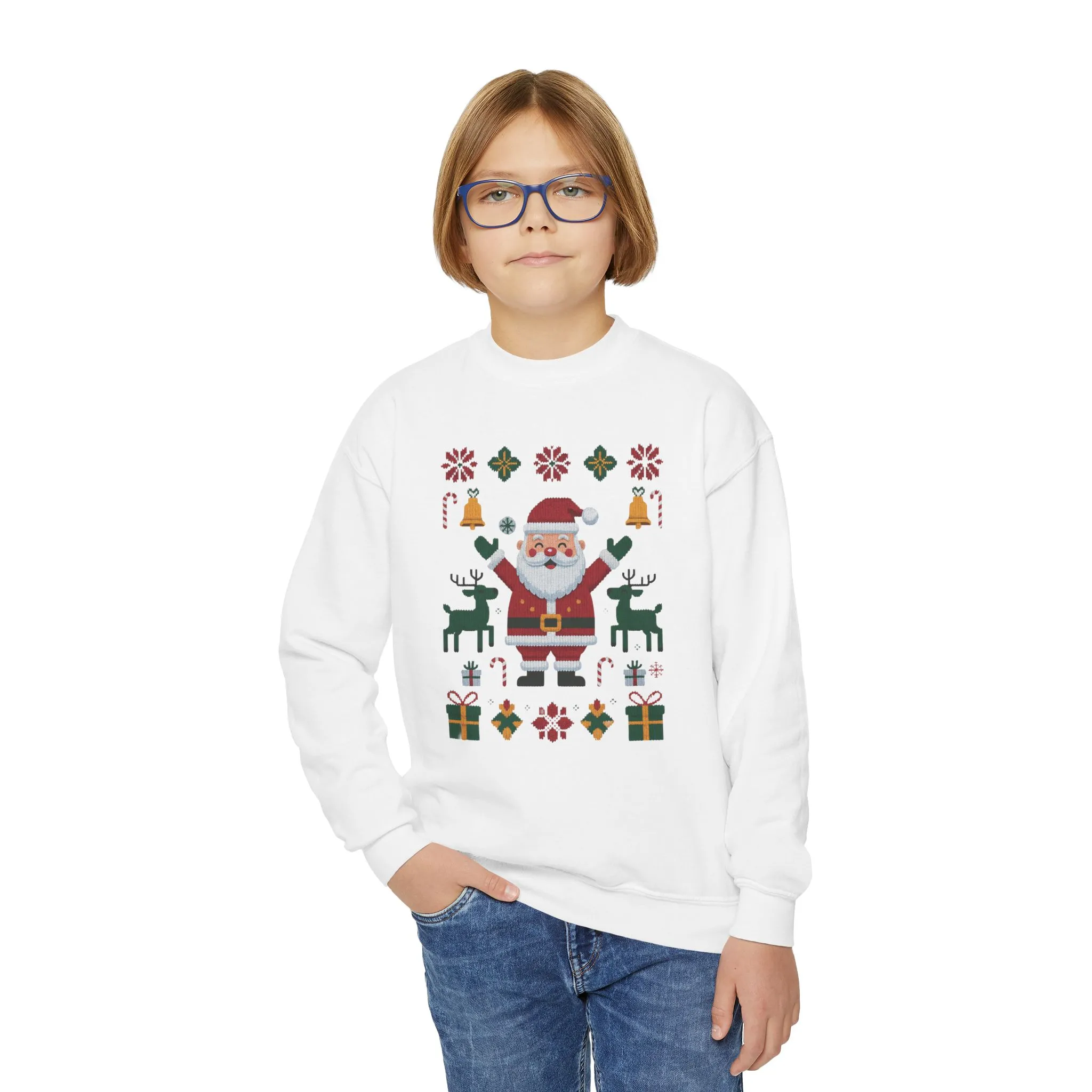 Kids Santa Christmas Sweatshirt, Cute Reindeer Holiday Jumper, Classic Christmas Sweater for Girls - Image 3