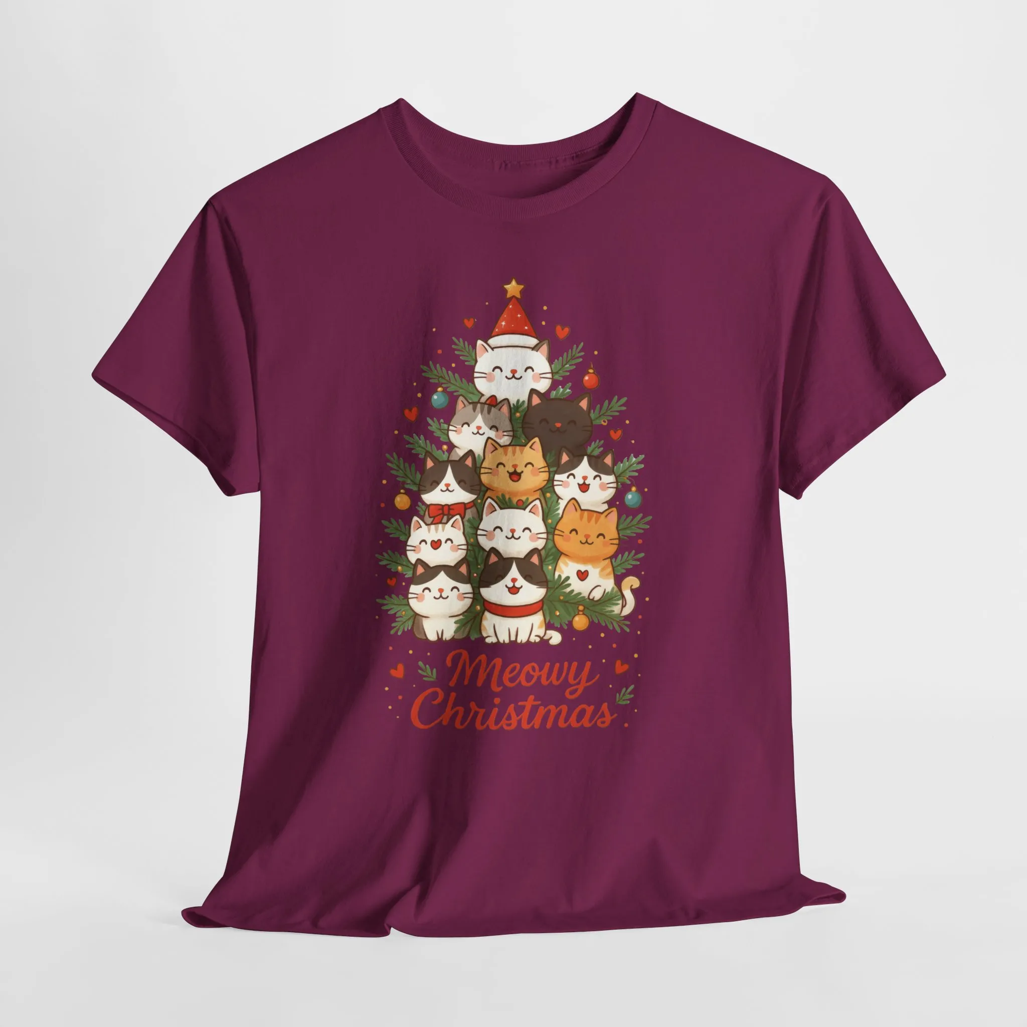 Women's Meowy Christmas Cat T-Shirt, Cute Holiday Kitty Tree Tee - Image 25